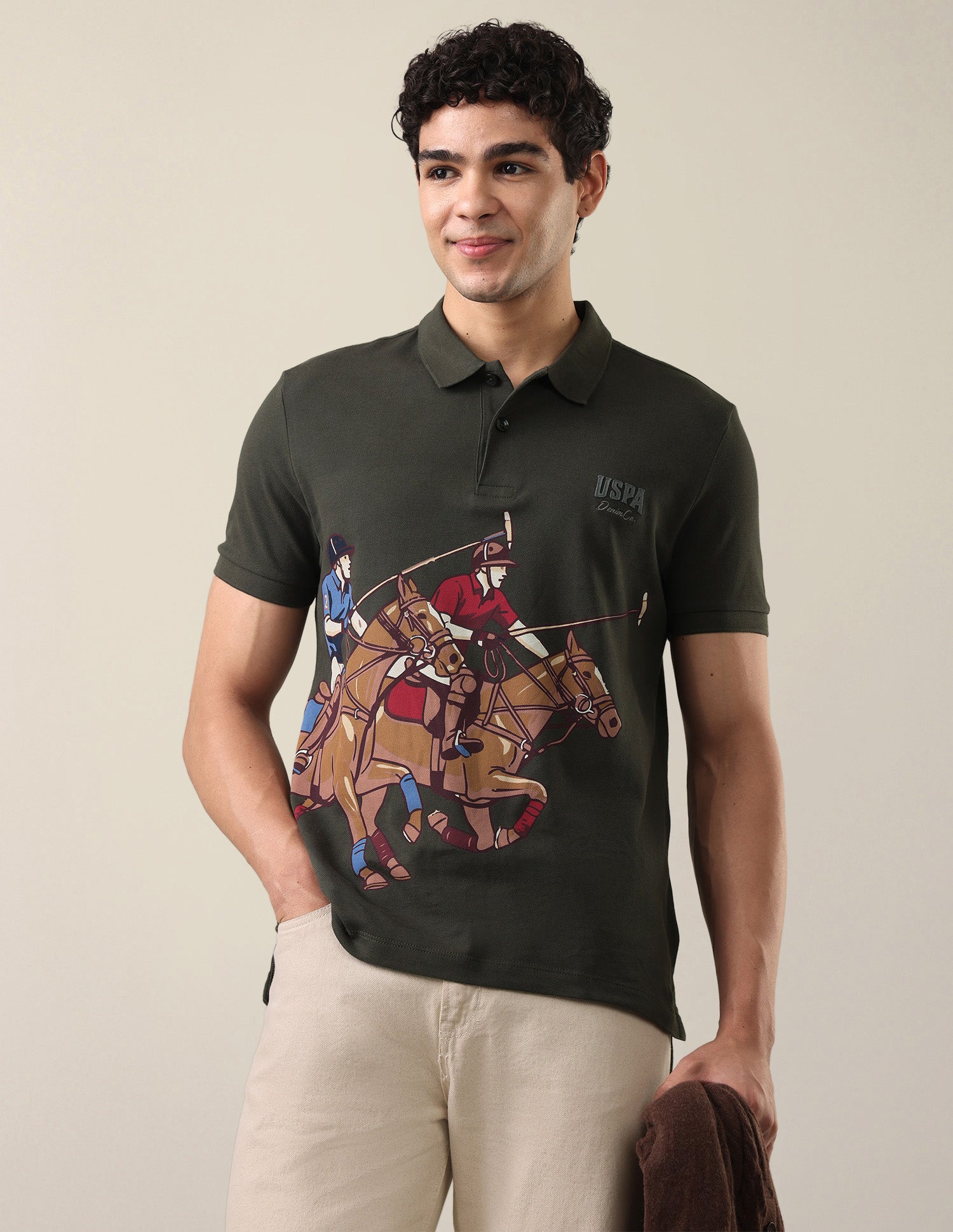 Graphic Brand Printed Slim Fit Polo Shirt Olive - U.S. Polo Assn. India | Large