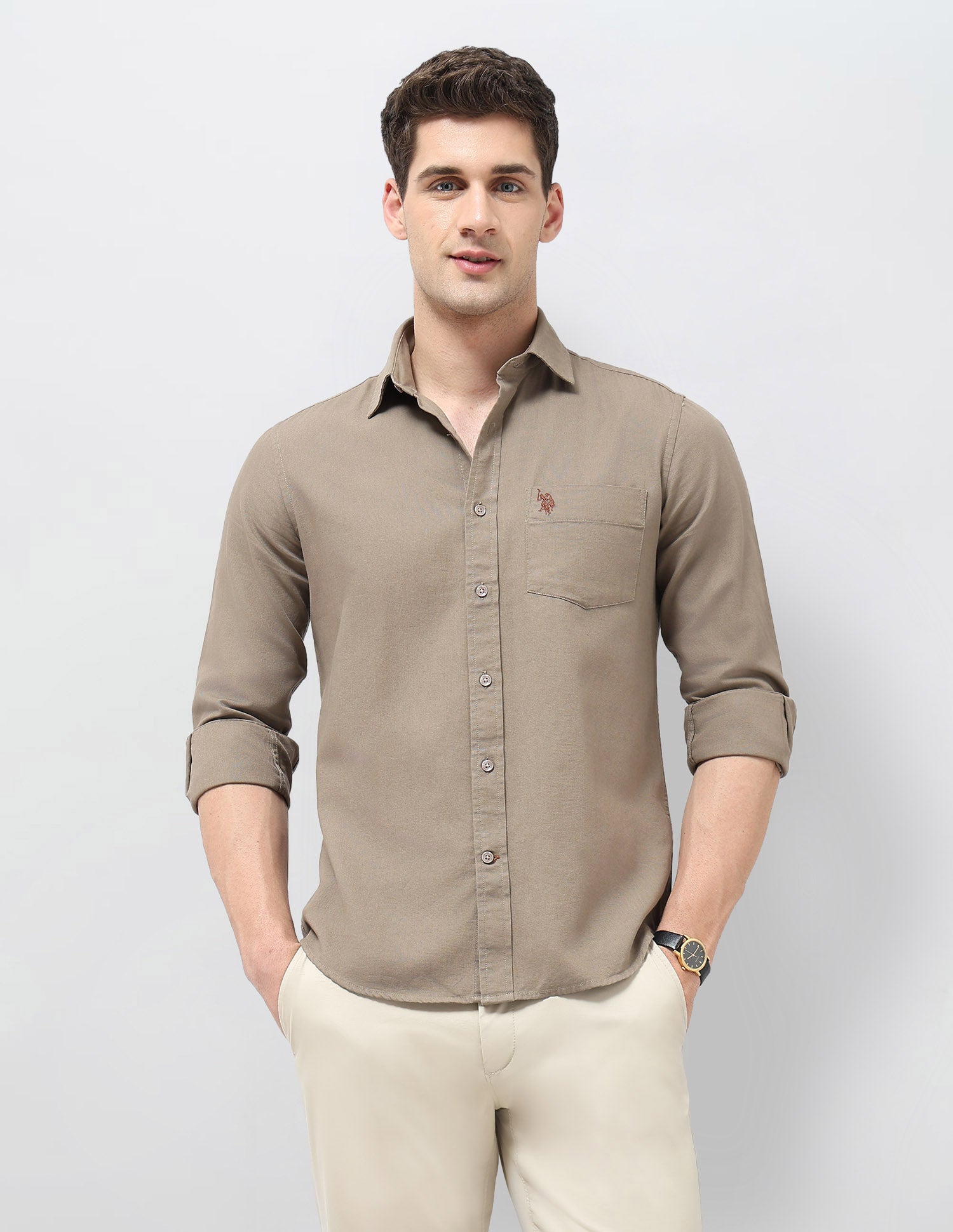 Tailored Fit Solid Shirt Light Brown - U.S. Polo Assn. India | Large