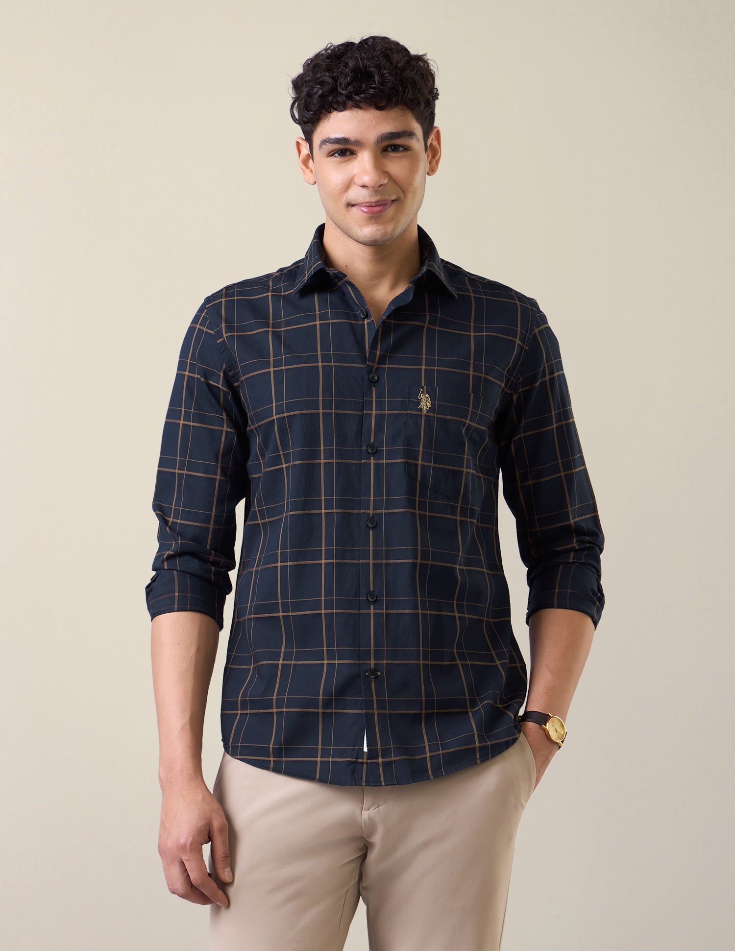 Grid Tattersall Checked Tailored Fit Shirt Navy - U.S. Polo Assn. India | Large