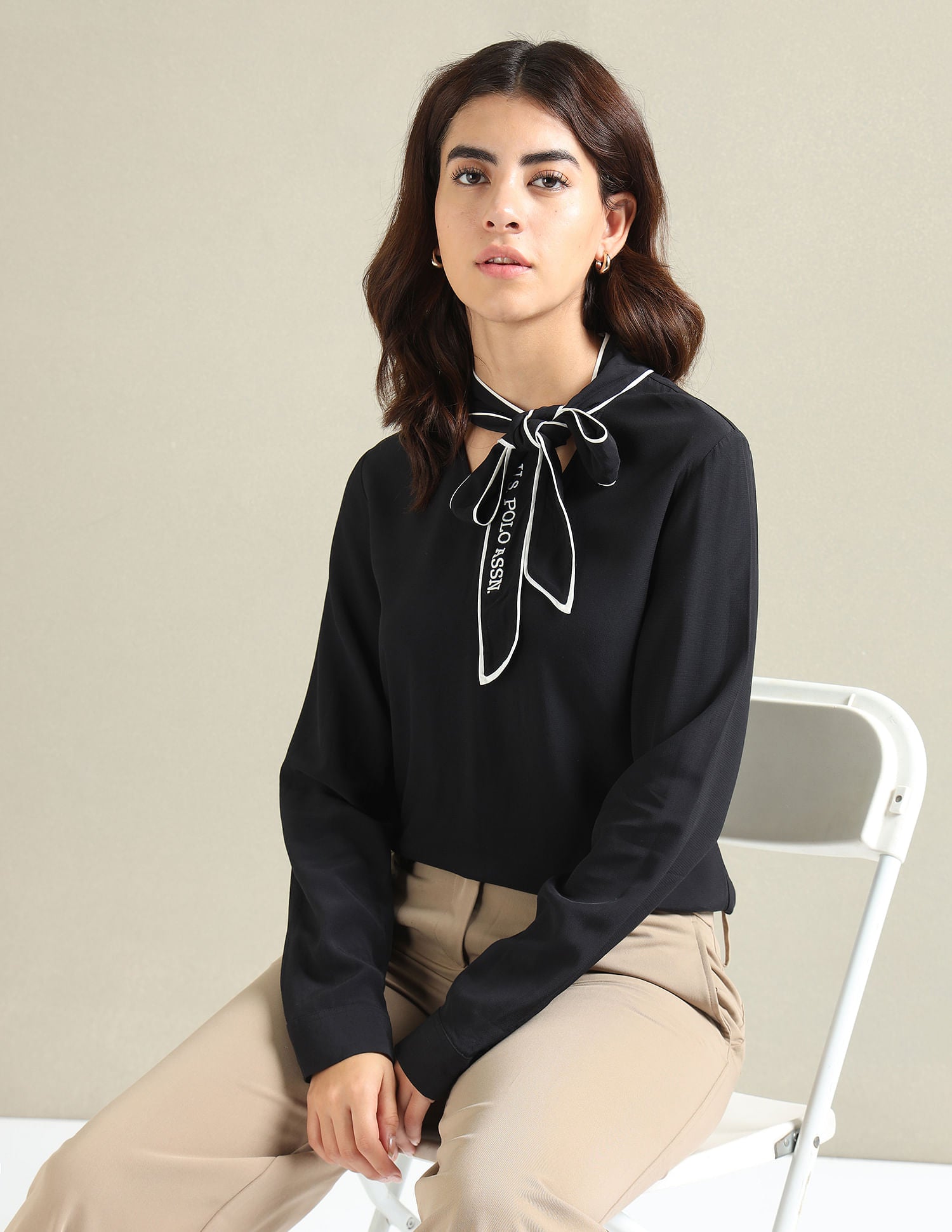 Bow Collar Long Sleeve Top Black - U.S. POLO ASSN. | Large