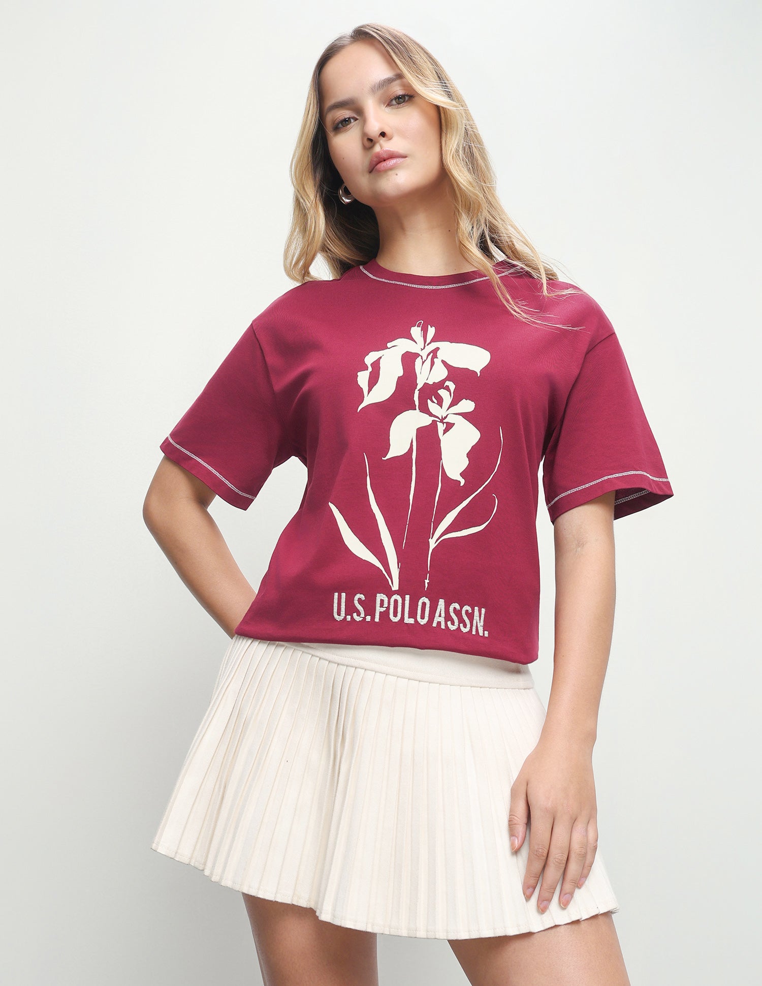 Floral Brand Embroidered Boyfriend Fit T-Shirt Maroon - U.S. Polo Assn. India | Large