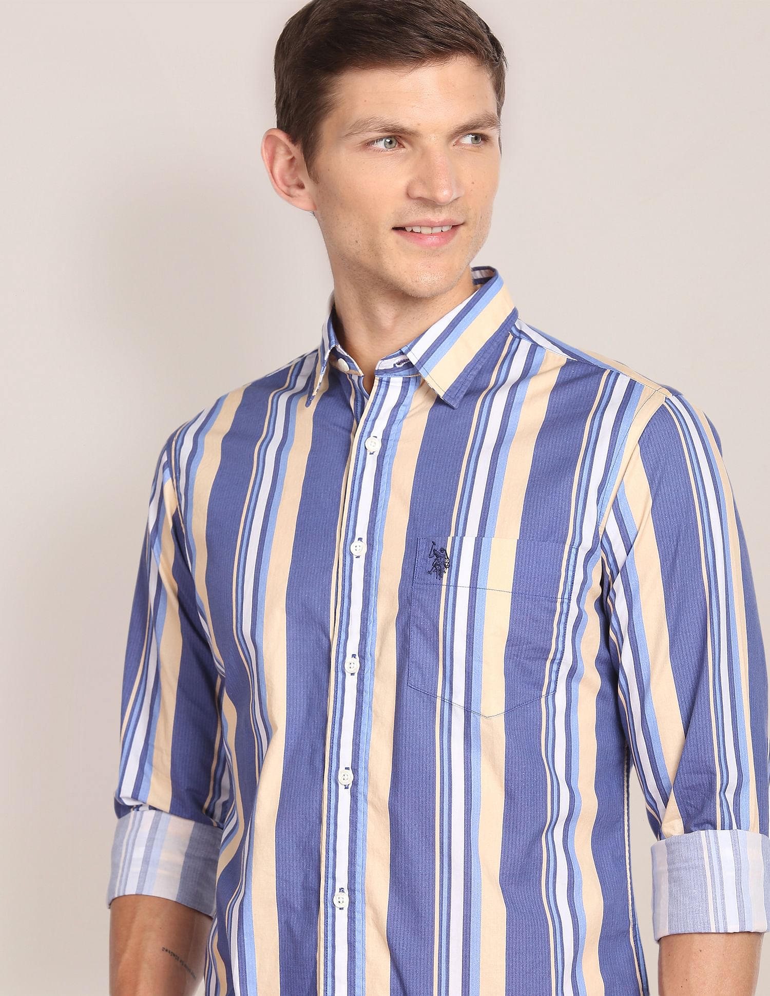 Spread Collar Striped Casual Shirt Blue - U.S. Polo Assn. India | Large
