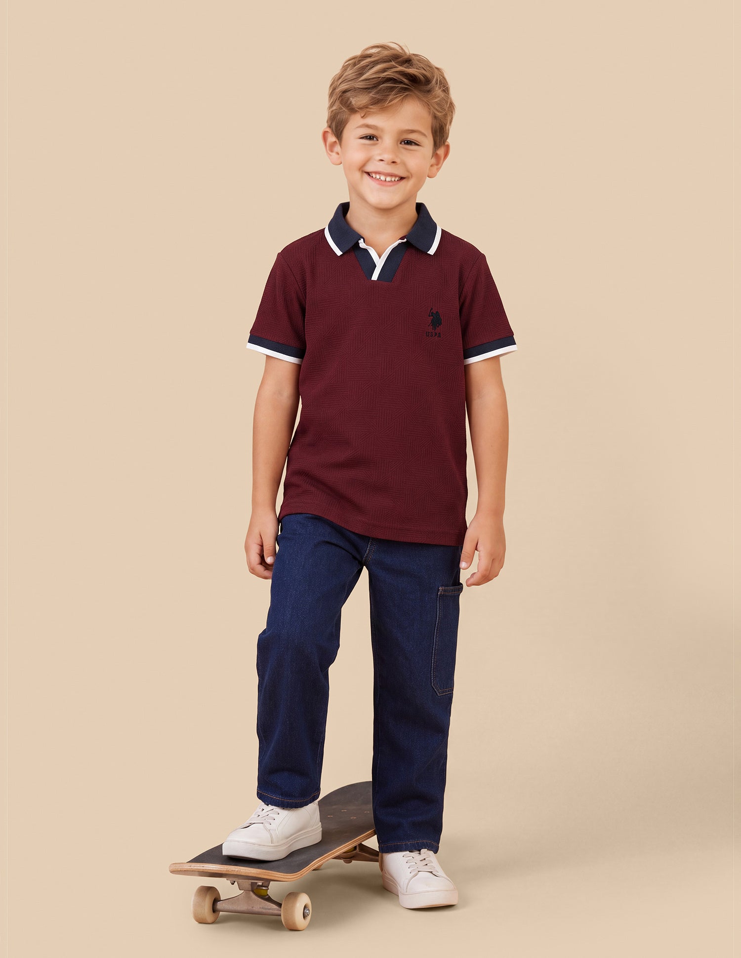 Geometric Patterned Knit Regular Fit Polo Shirt Maroon - U.S. Polo Assn. India | Large