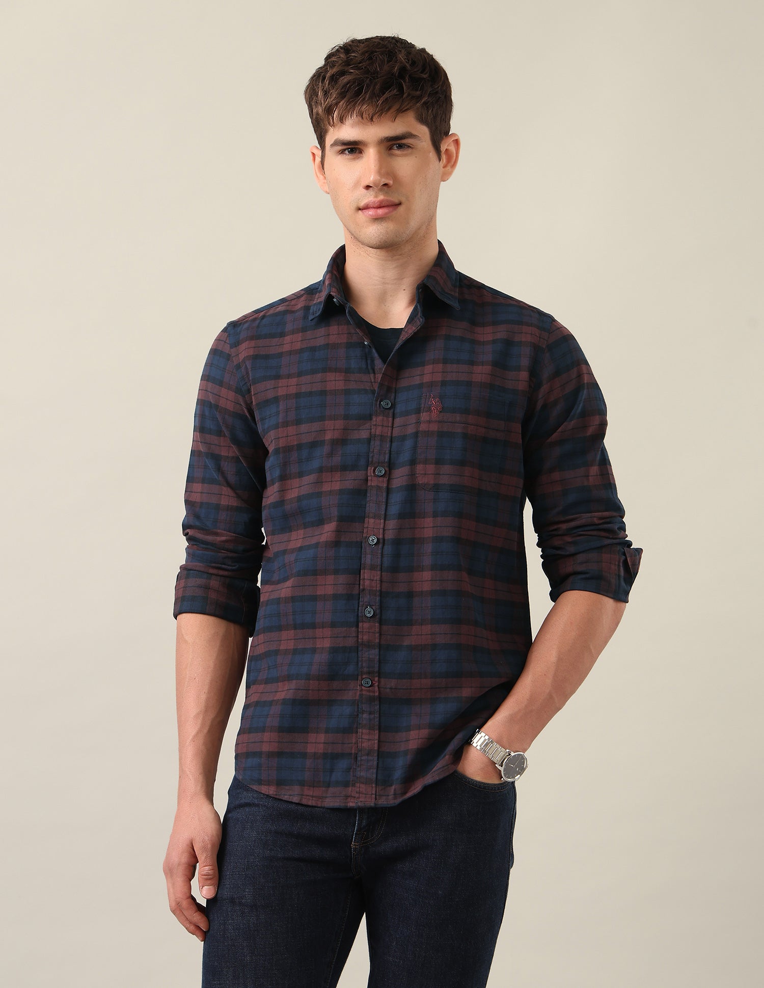 Grid Tattersall Checked Twill Shirt Maroon - U.S. Polo Assn. India | Large