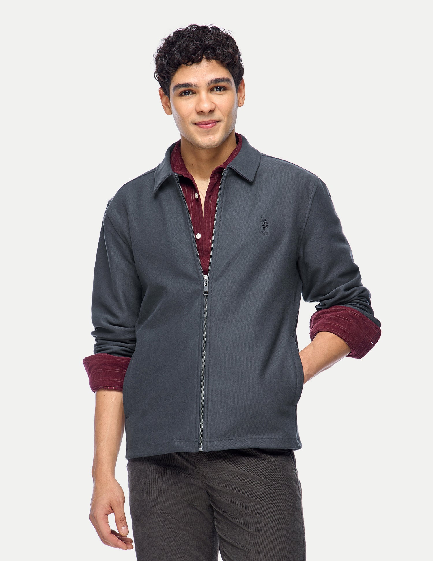 Solid Slim Fit Zipper Sweatshirt Dark Grey - U.S. Polo Assn. India | Large