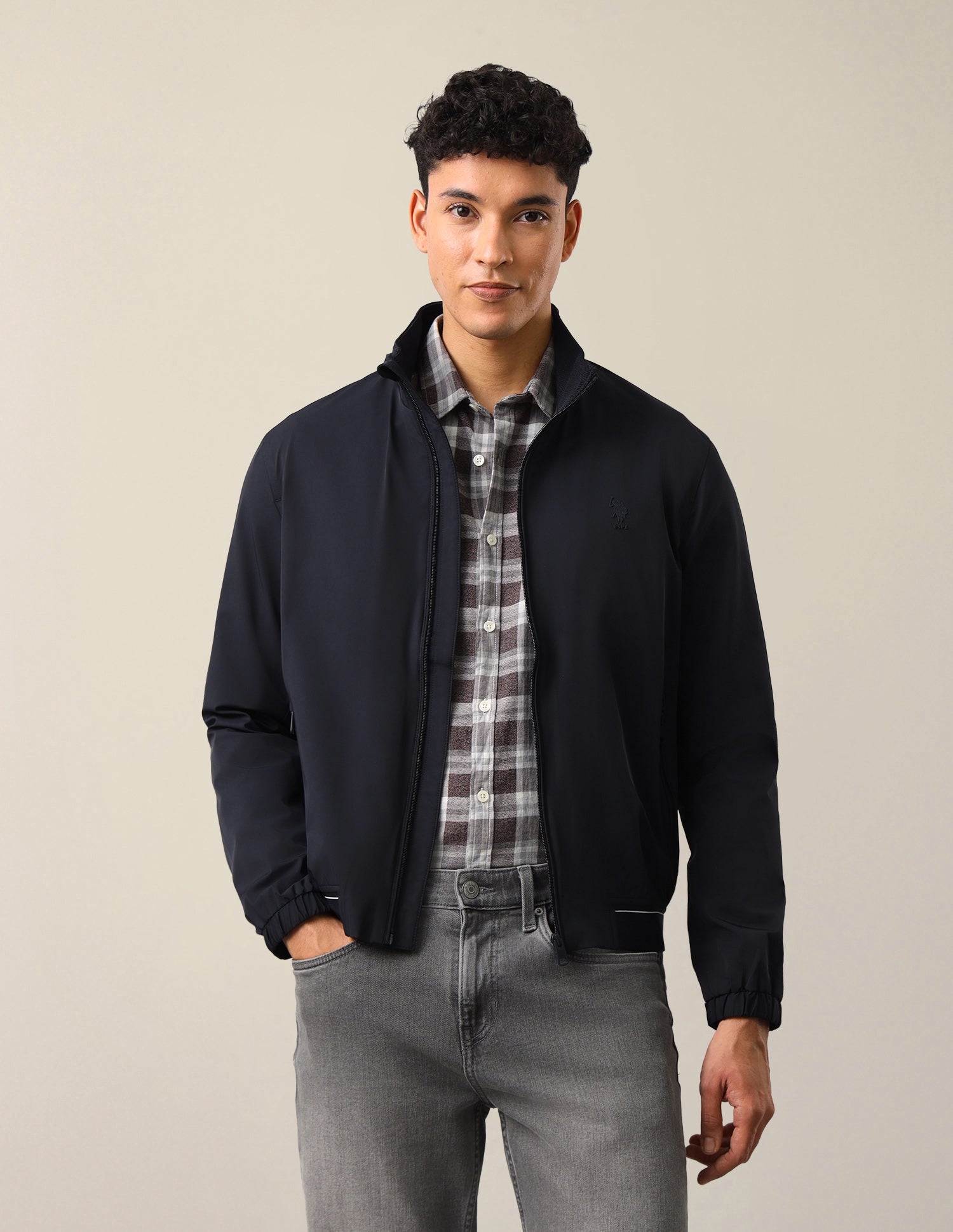 Solid Regular Fit Bomber Jacket Navy - U.S. Polo Assn. India | Large