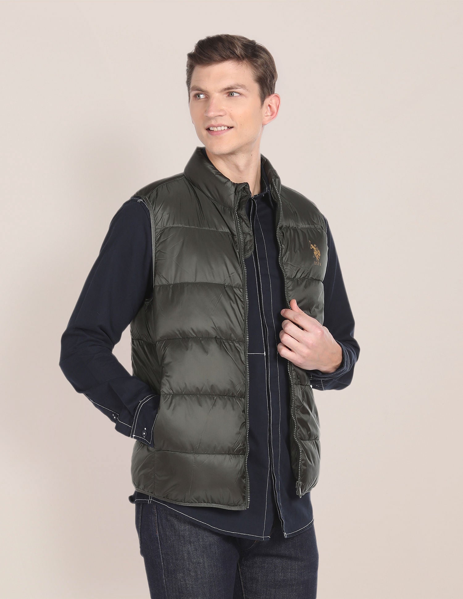 High Neck Sleeveless Quilted Jacket Olive - U.S. Polo Assn. India | Large