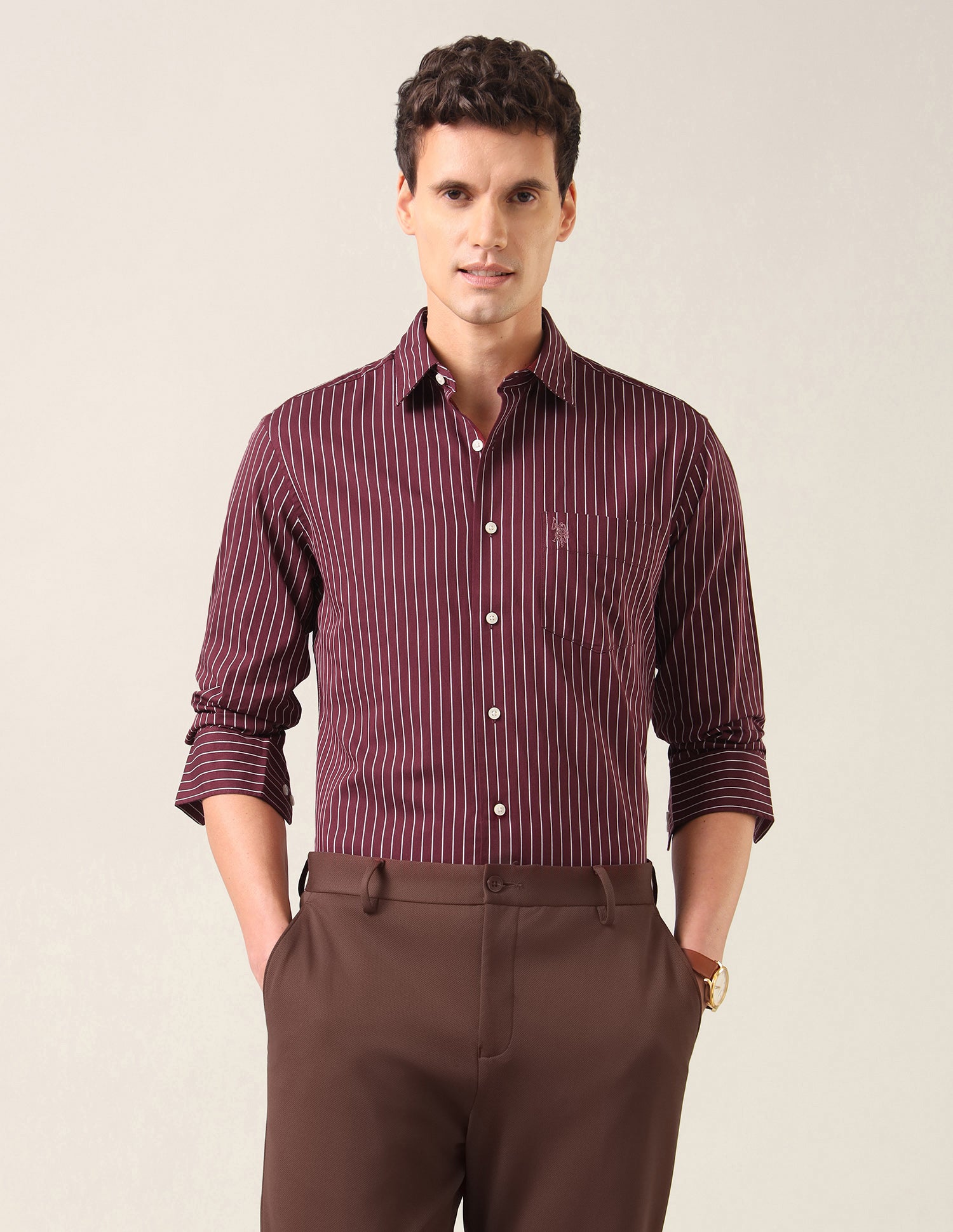Vertical Striped Tailored Fit Shirt Maroon - U.S. Polo Assn. India | Large