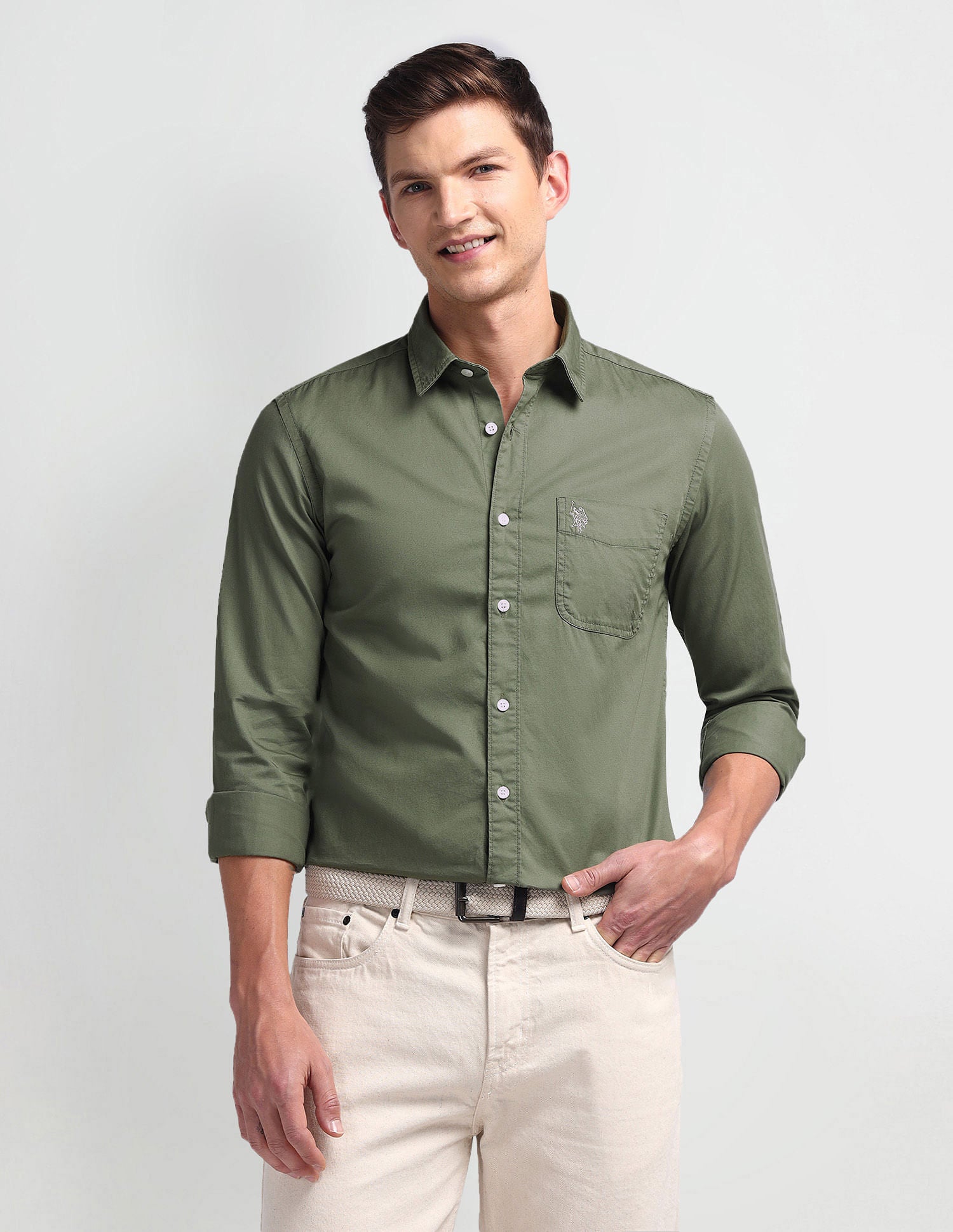 Semi Cutaway Collar Slim Fit Shirt Green - U.S. Polo Assn. India | Large