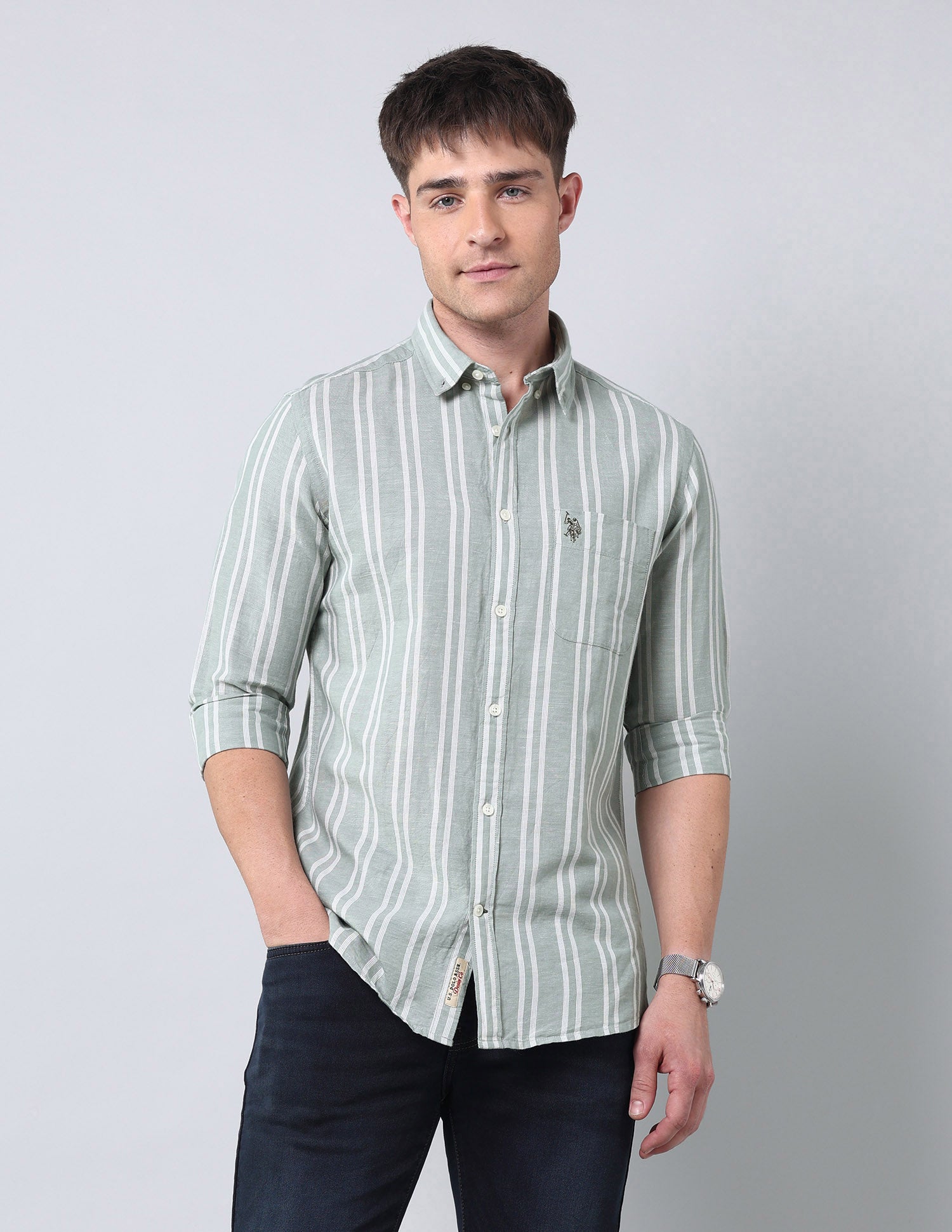 Vertical Striped Regular Fit Shirt Light Green - U.S. Polo Assn. India | Large