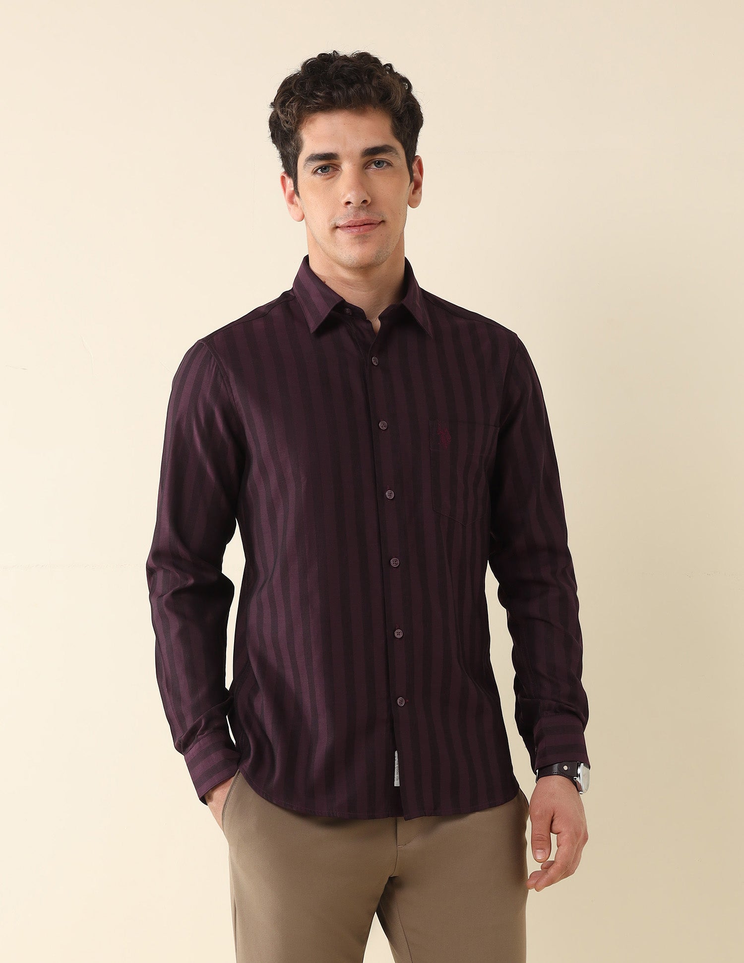 Vertical Striped Satin Shirt Burgundy - U.S. Polo Assn. India | Large