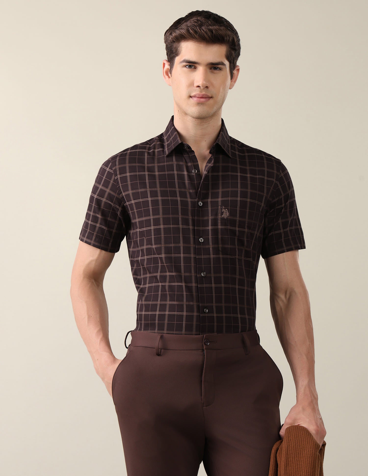 Grid Tattersall Checked Tailored Fit Shirt Brown - U.S. Polo Assn. India | Large