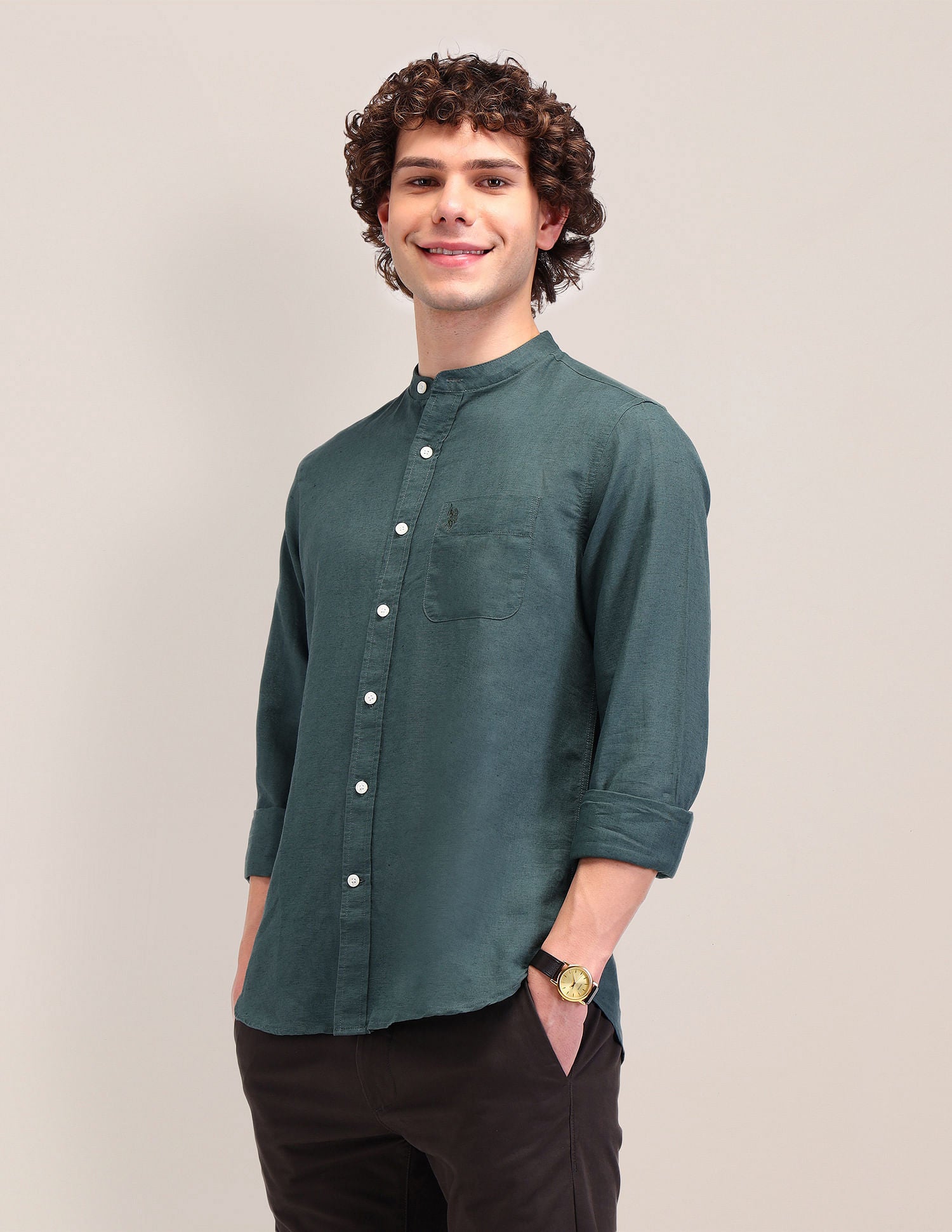 Poplin Tailored Fit Shirt Green - U.S. Polo Assn. India | Large