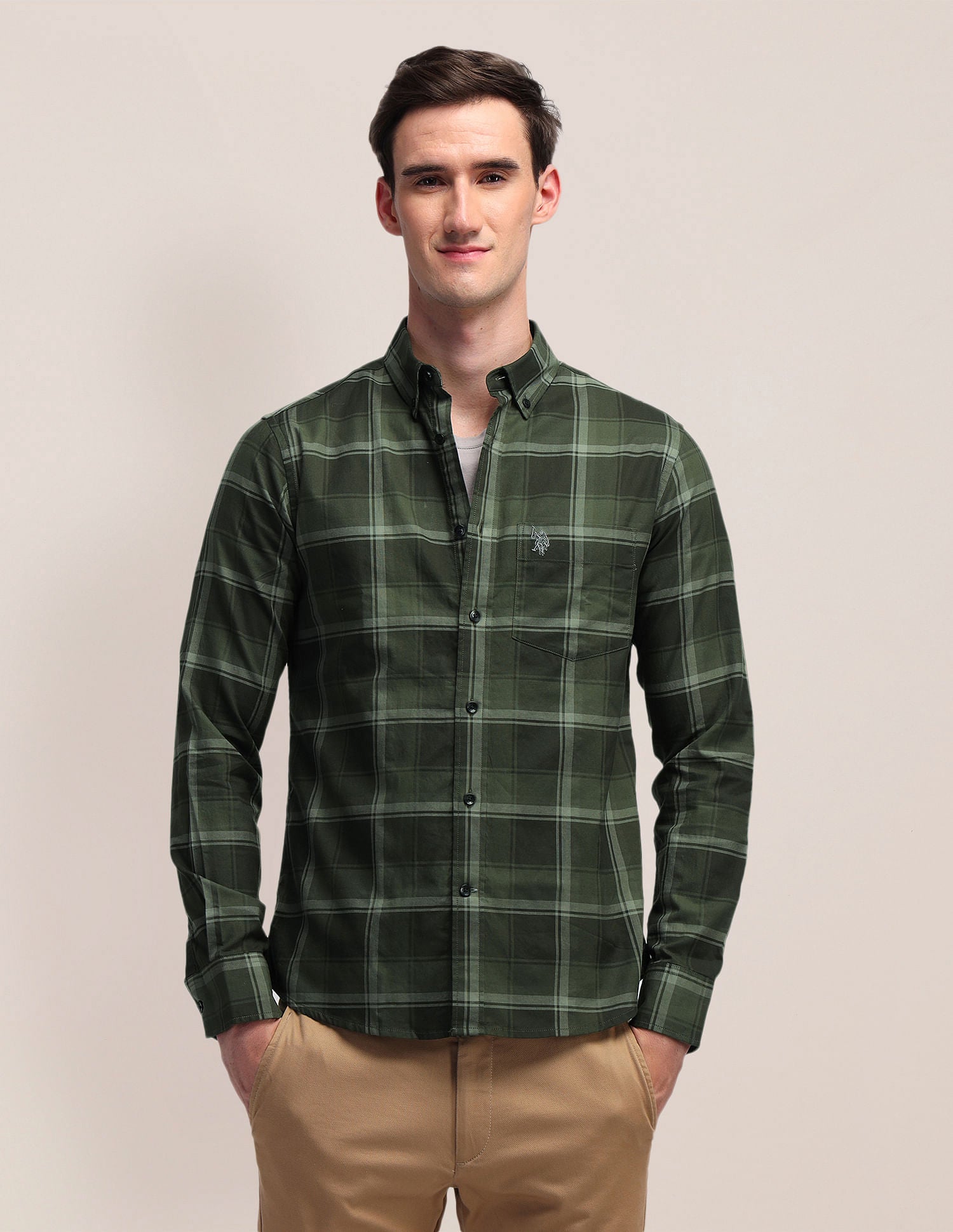 Plaid Checked Dobby Weave Shirt Olive - U.S. Polo Assn. India | Large
