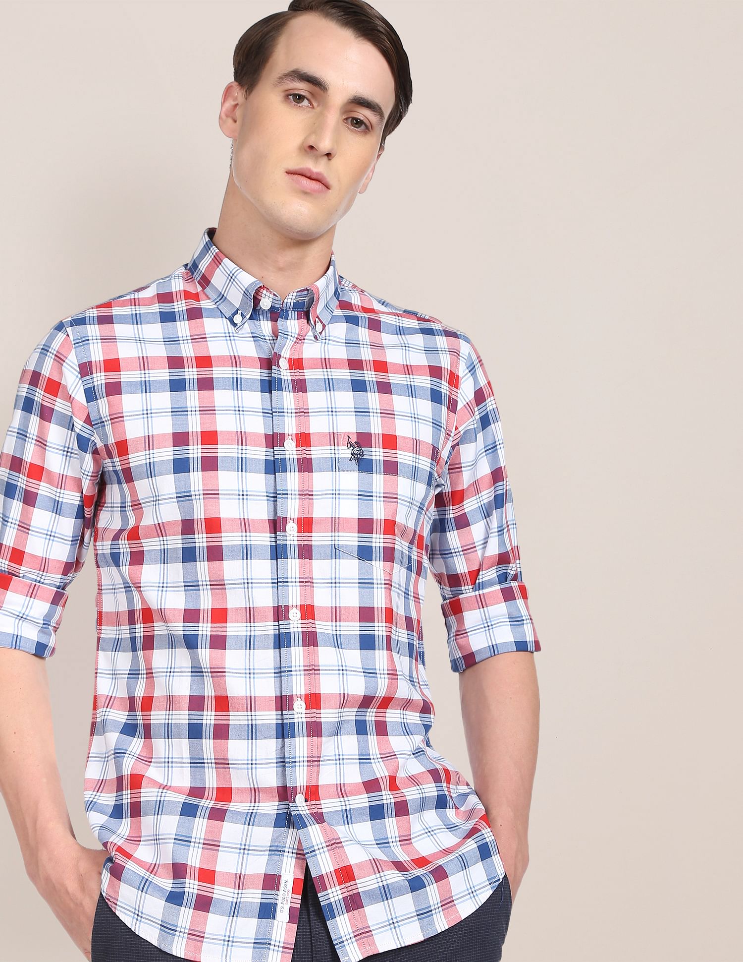 Men Red Twill Weave Premium Cotton Casual Shirt White, Red and Blue - U.S. Polo Assn. India | Large