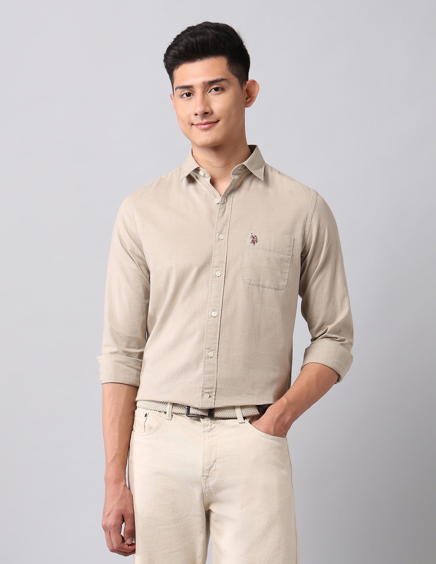 Solid Pure Cotton Shirt Beige - U.S. Polo Assn. India | Large