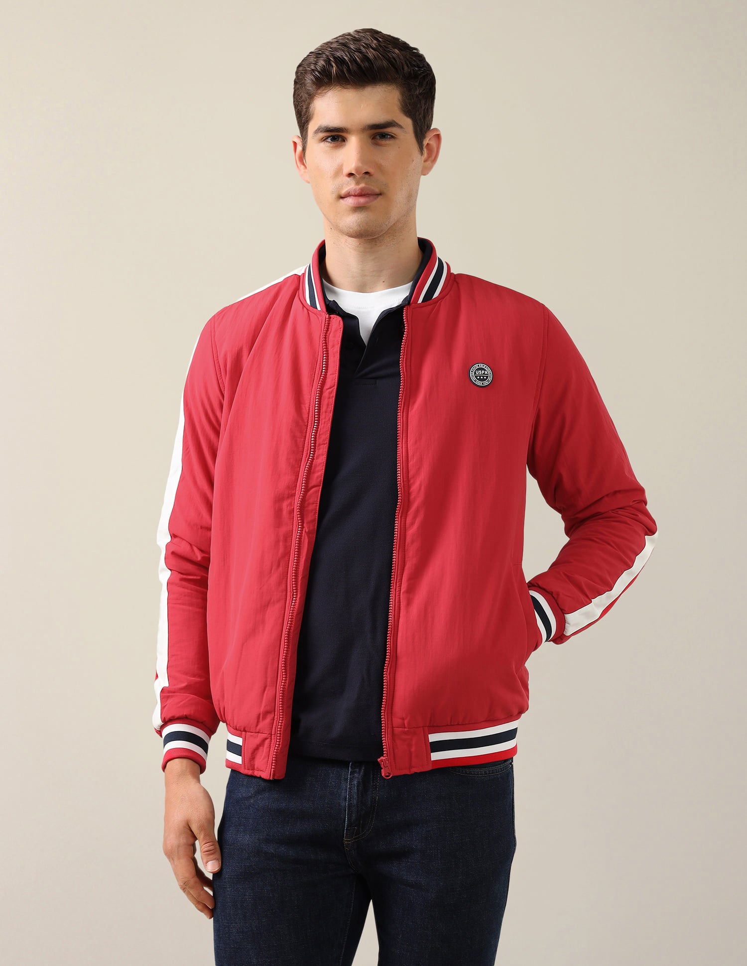 Stand Collar Solid Bomber Jacket Red - U.S. Polo Assn. India | Large