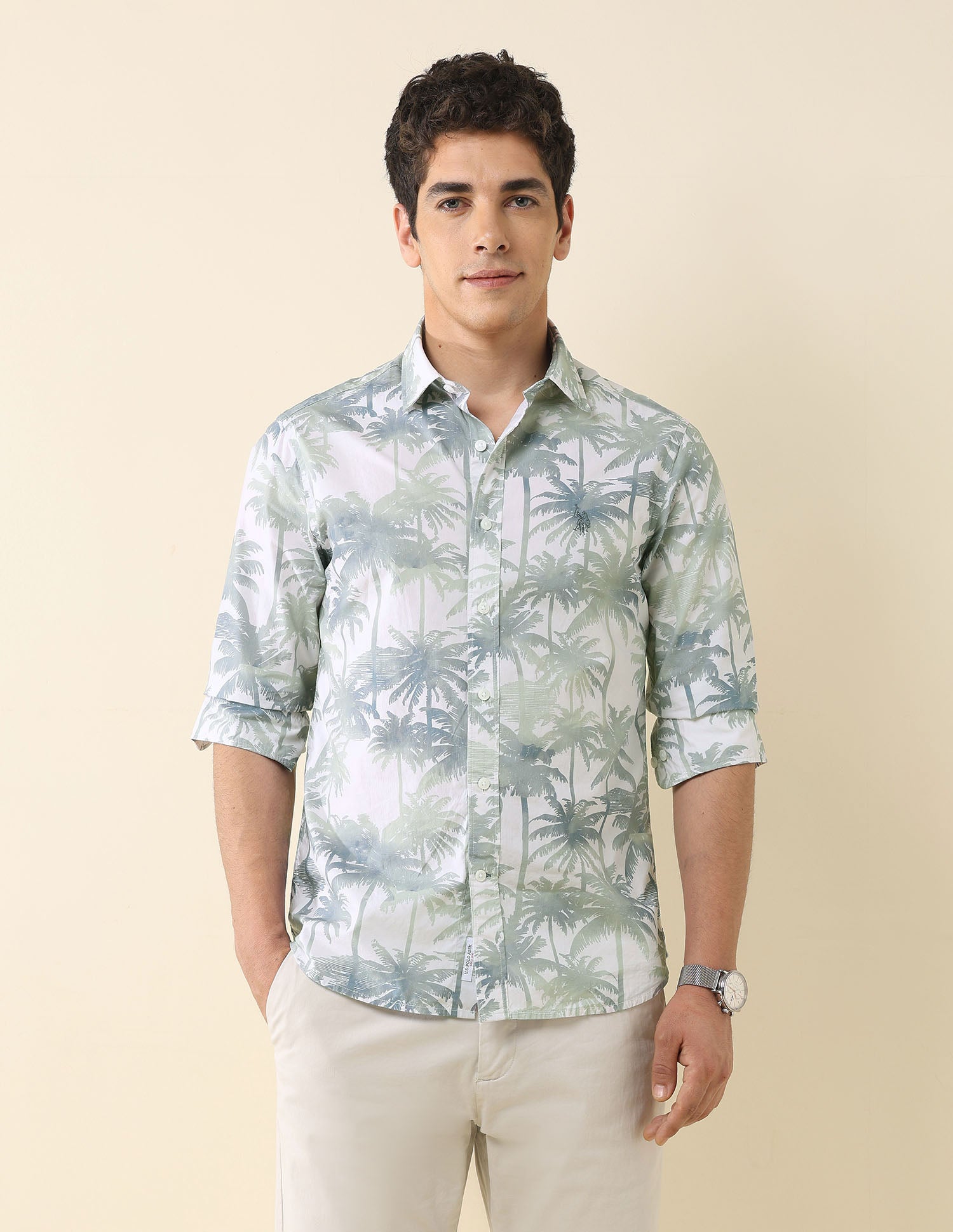 Tropical Printed Poplin Shirt Green - U.S. Polo Assn. India | Large