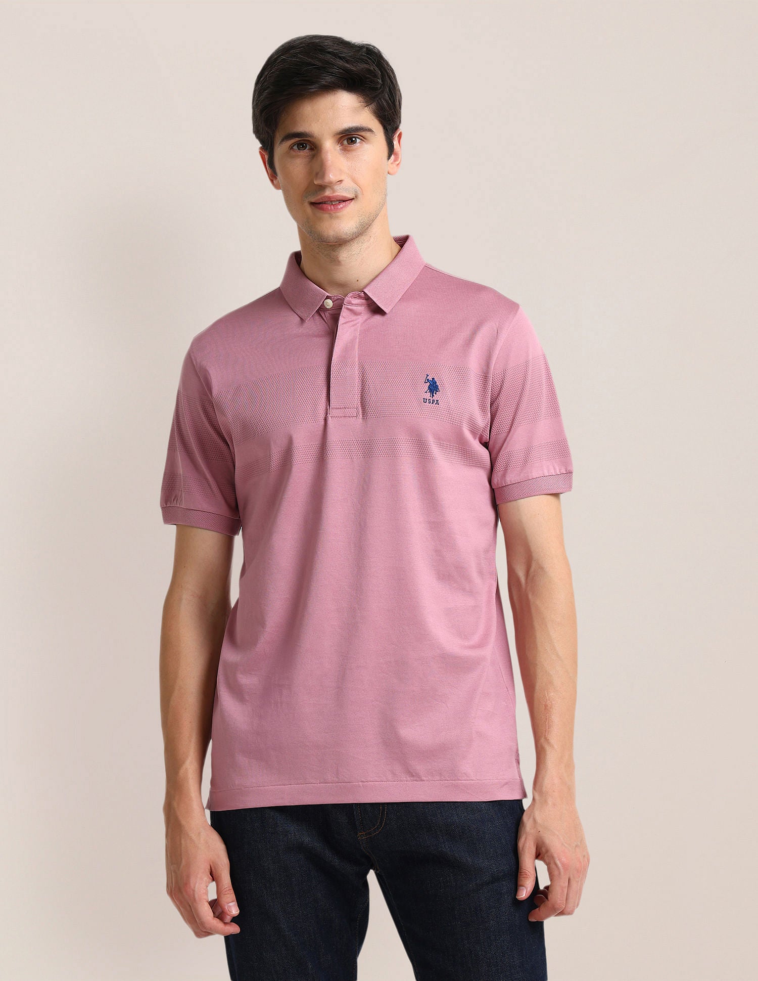 Slim Fit Horizontal Stripe Polo Shirt Light Pink - U.S. Polo Assn. India | Large