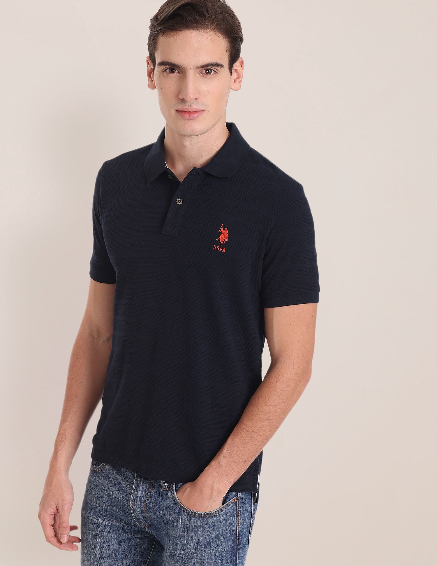 Horizontal Stripe Popcorn Polo Shirt Navy - U.S. Polo Assn. India | Large