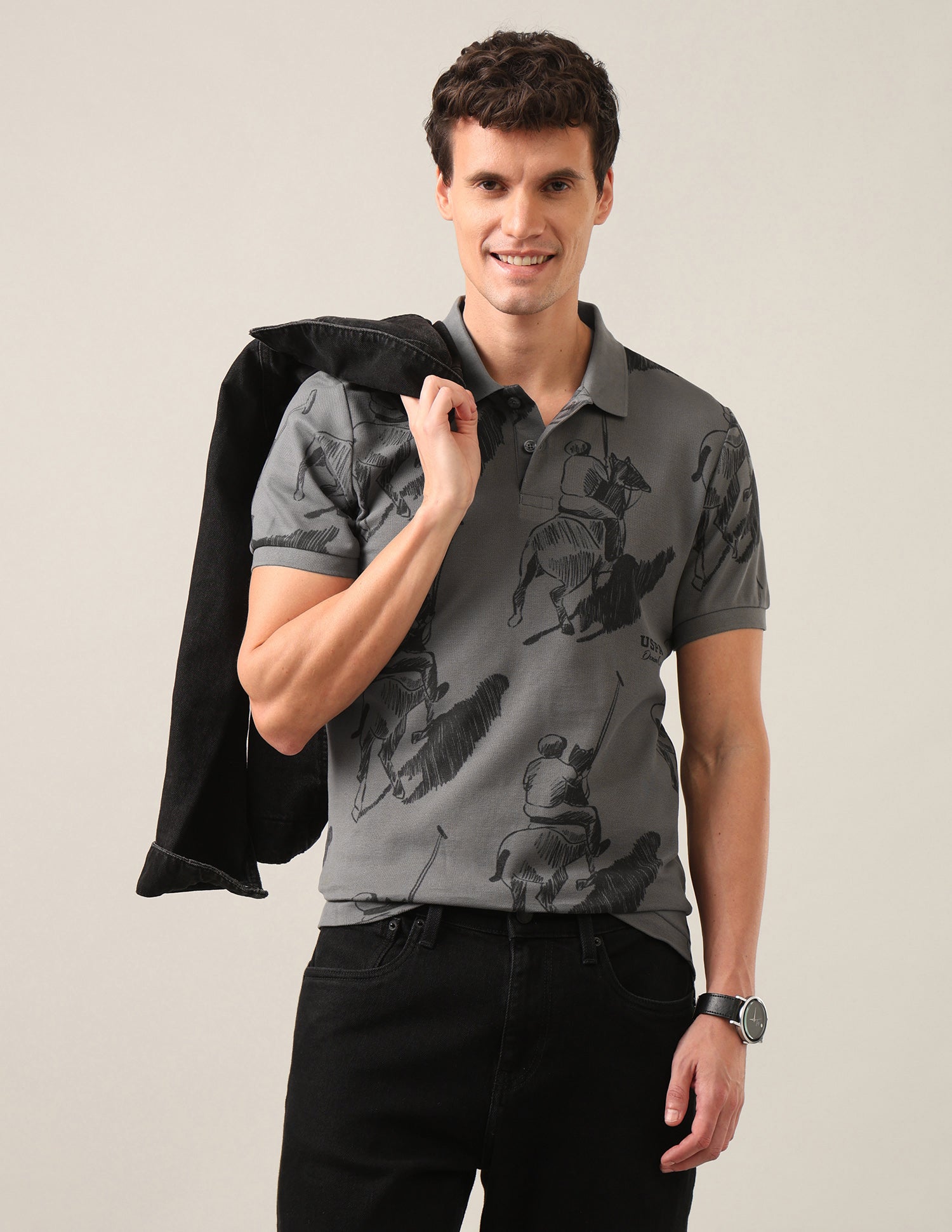 Graphic Brand Printed Slim Fit Polo Shirt Dark Grey - U.S. Polo Assn. India | Large