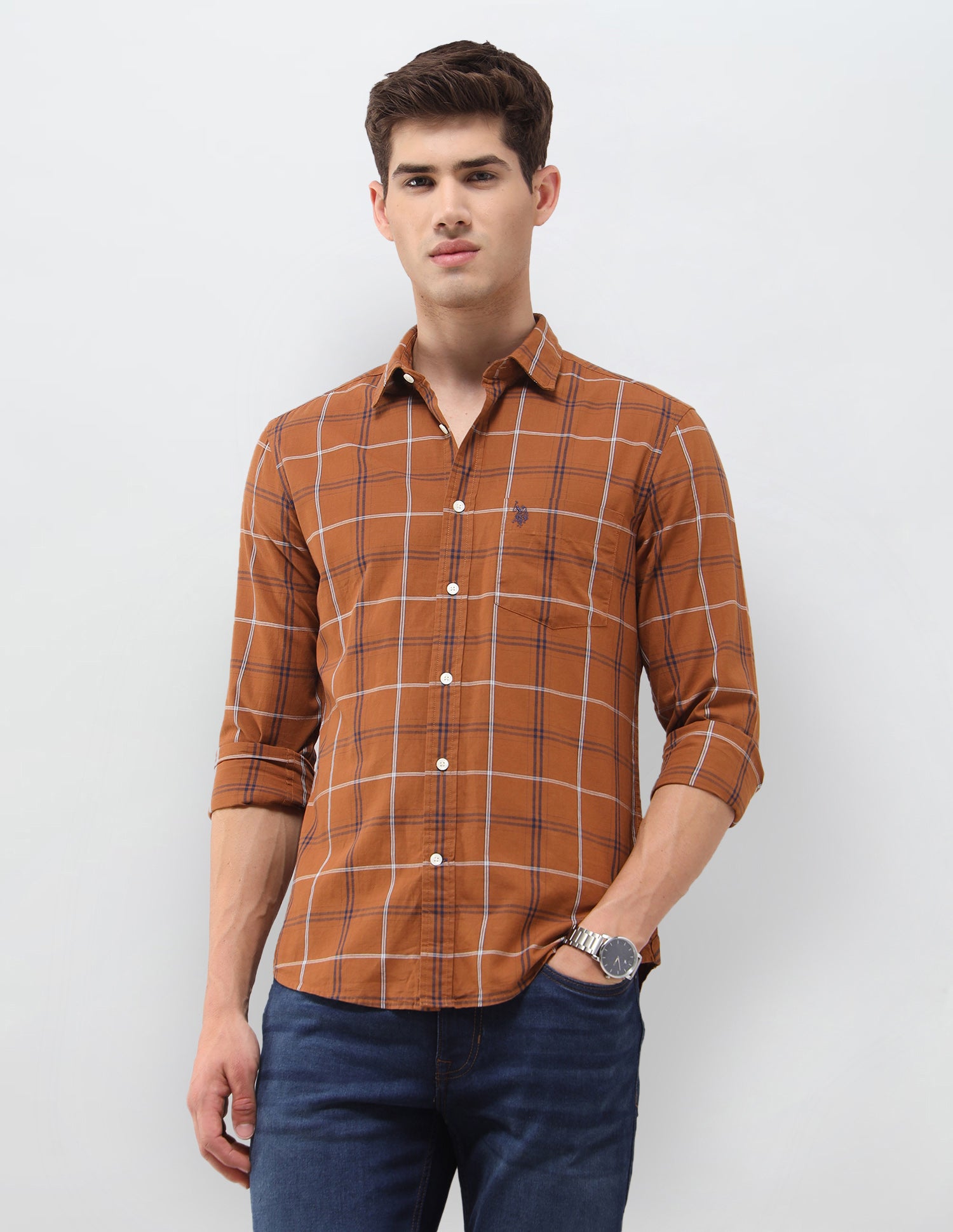 Grid Tattersall Checked Poplin Shirt Brown - U.S. Polo Assn. India | Large