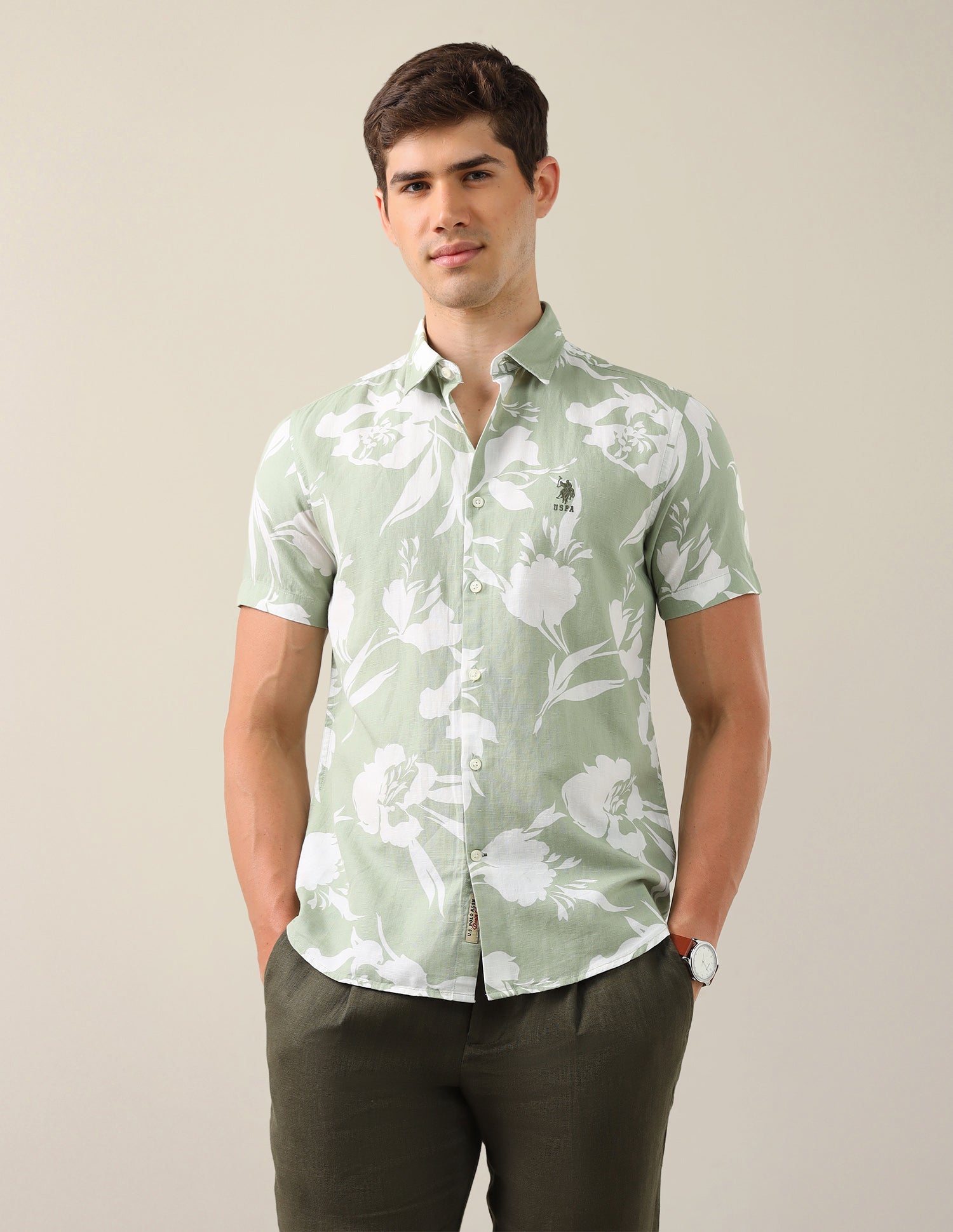 Floral Printed Cotton Linen Shirt Light Green - U.S. Polo Assn. India | Large