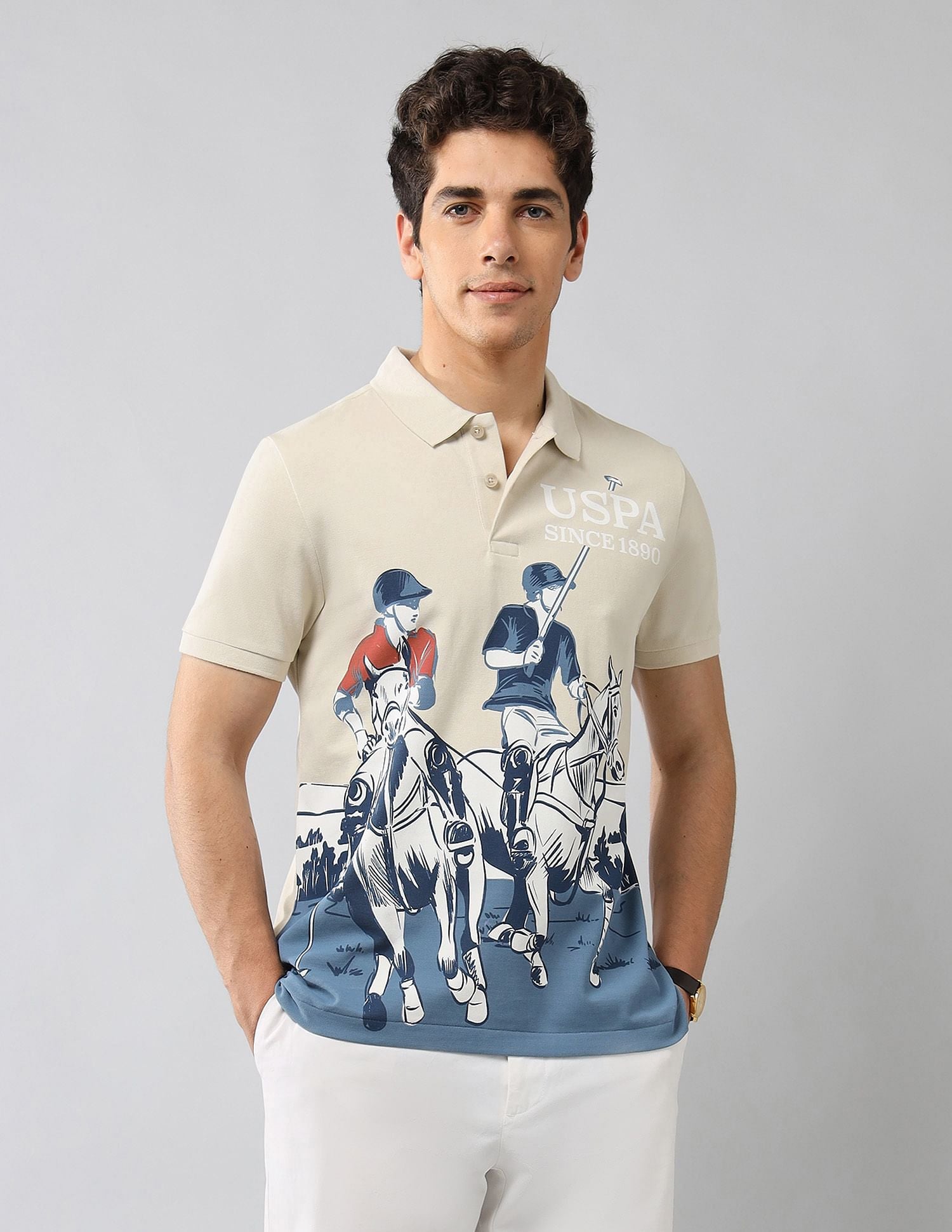 Brand Printed Muscle Fit Polo Shirt Beige - U.S. Polo Assn. India | Large