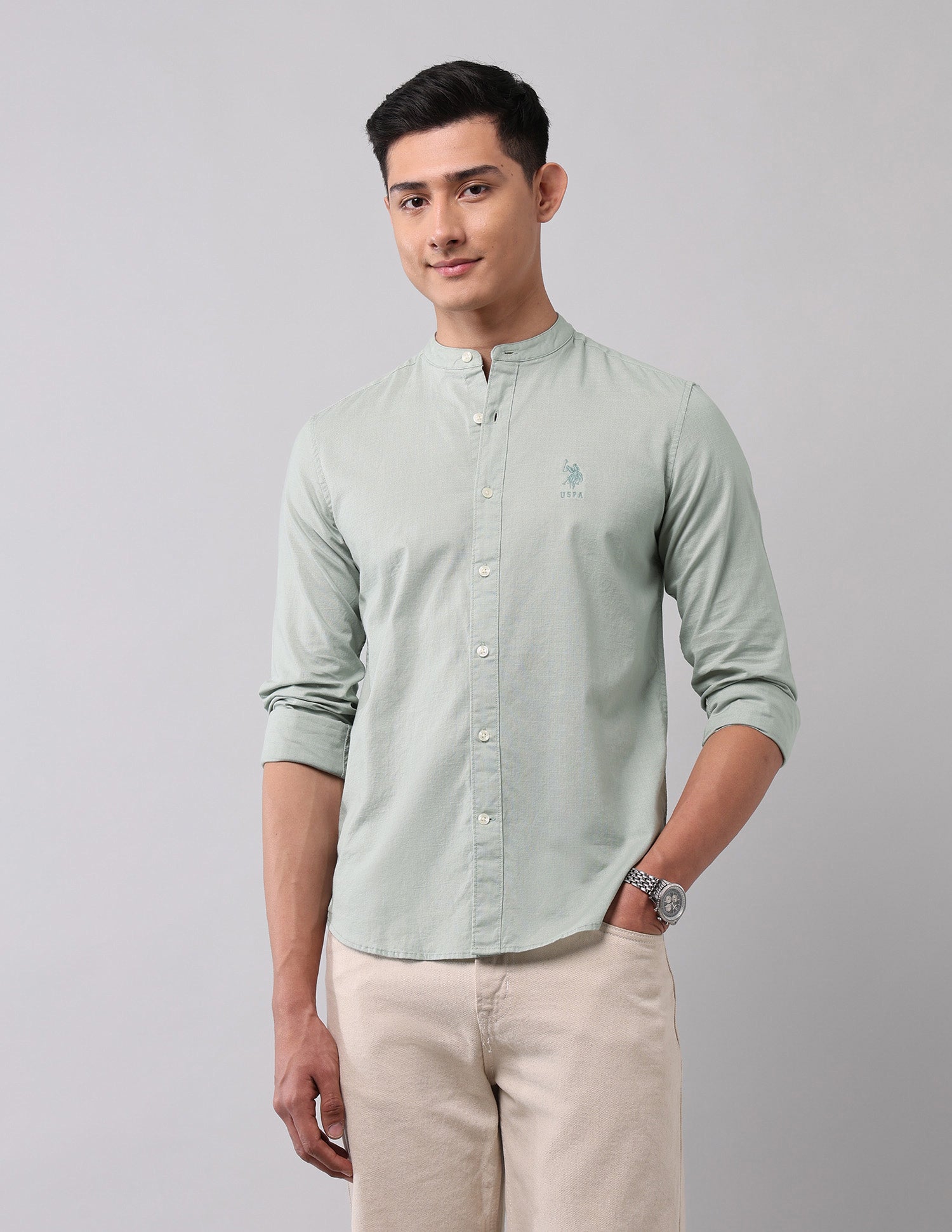 Slim Fit Poplin Mandarin Shirt Light Green - U.S. Polo Assn. India | Large