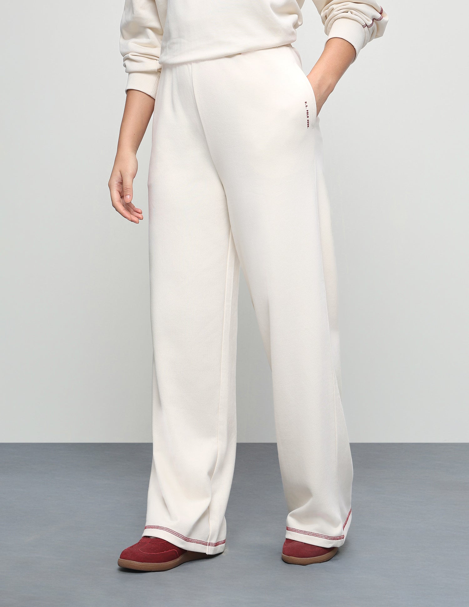 High Rise Wide Leg Knit Trousers Ecru - U.S. Polo Assn. India | Large