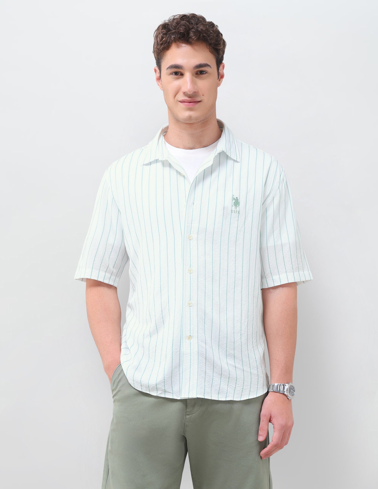 Vertical Striped Crinkle Weave Shirt Green - U.S. Polo Assn. India | Large