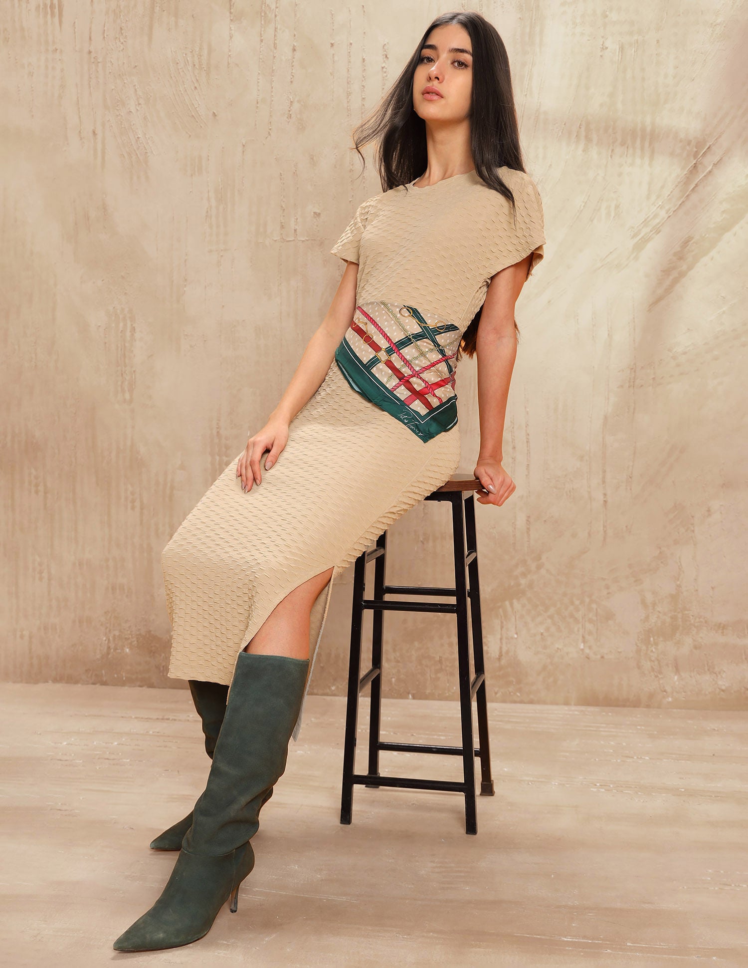 Textured Midi Shift Dress Beige - U.S. Polo Assn. India | Large