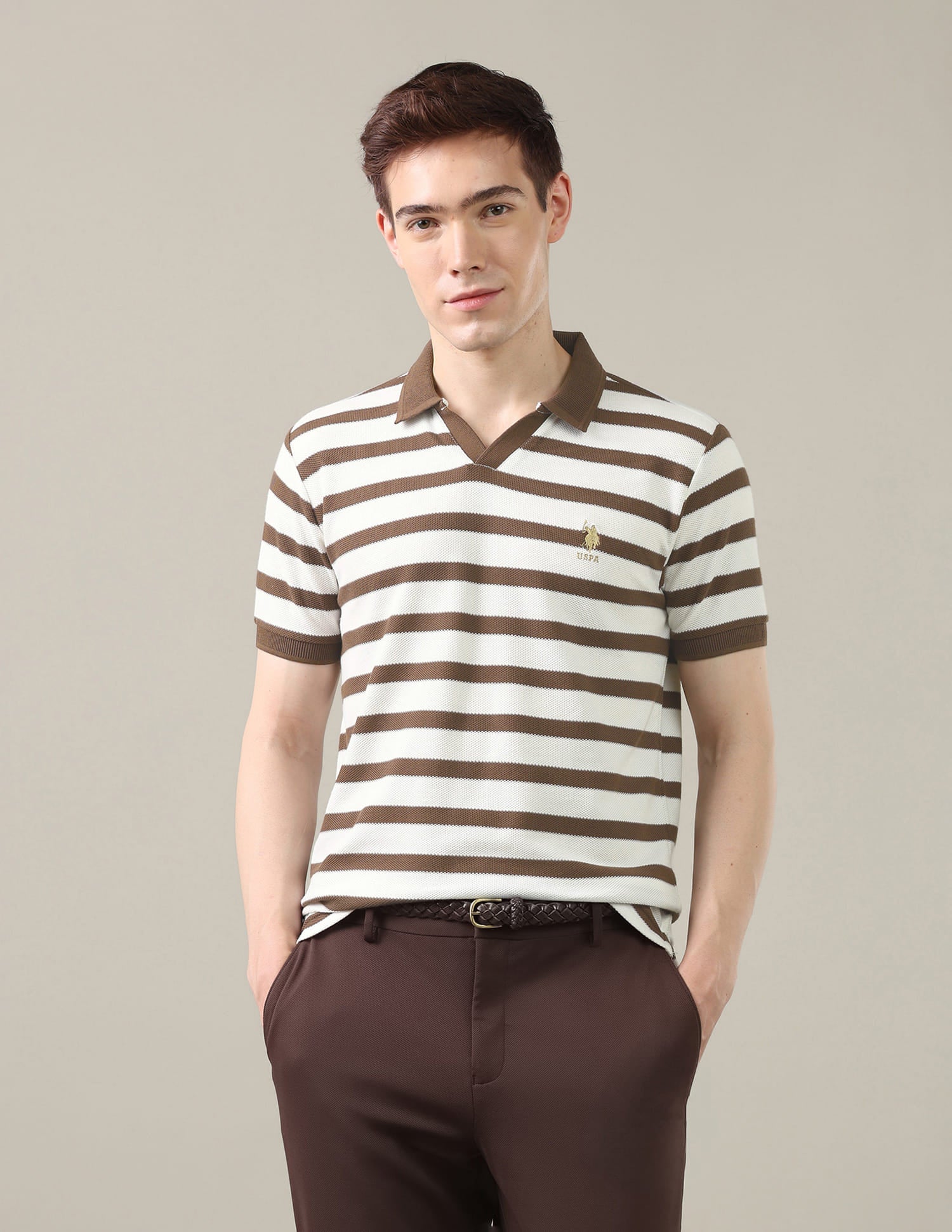 Horizontal Striped Slim Fit Polo Shirt Brown - U.S. Polo Assn. India | Large