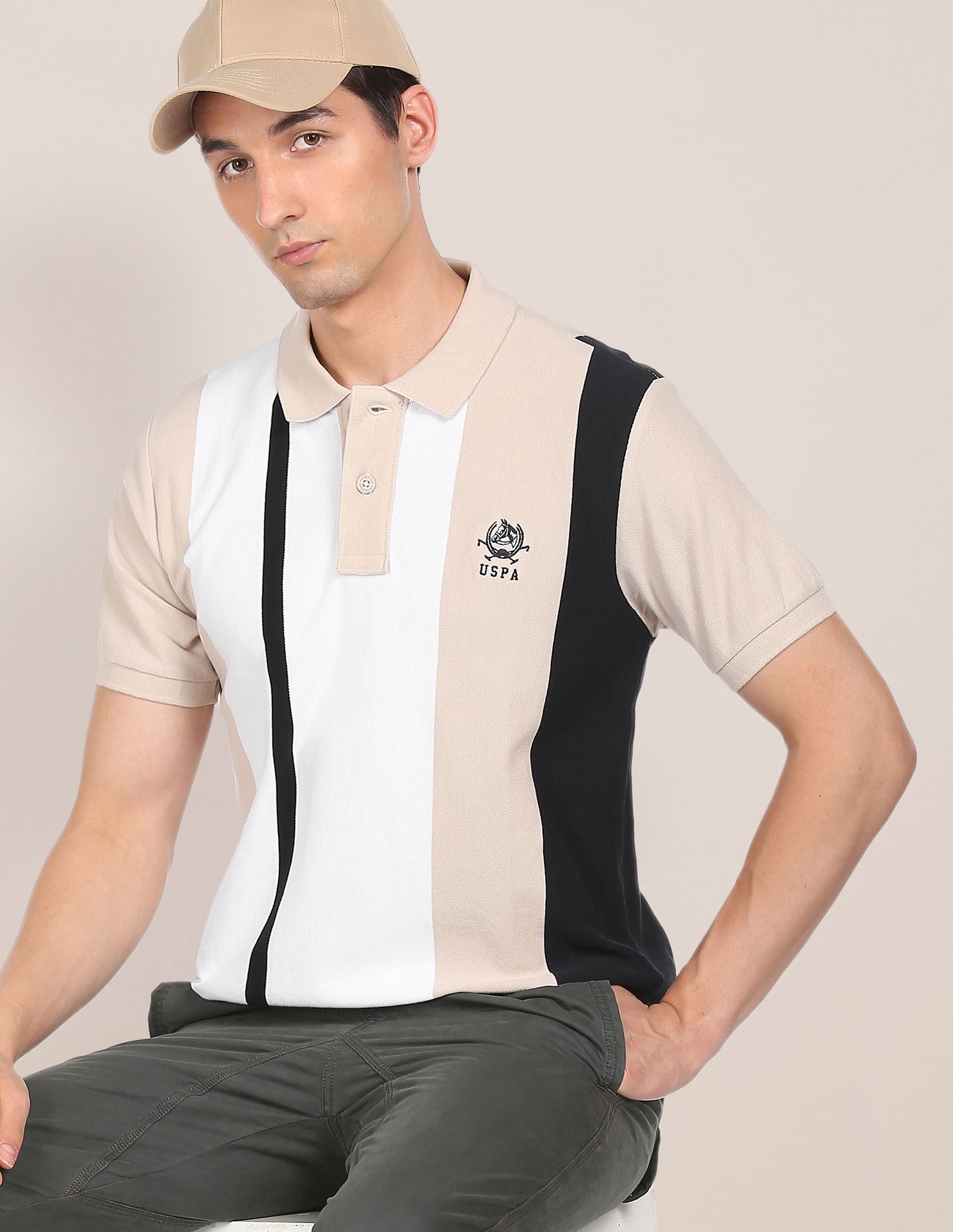 Ribbed Collar Striped Polo Shirt Beige - U.S. POLO ASSN. | Large