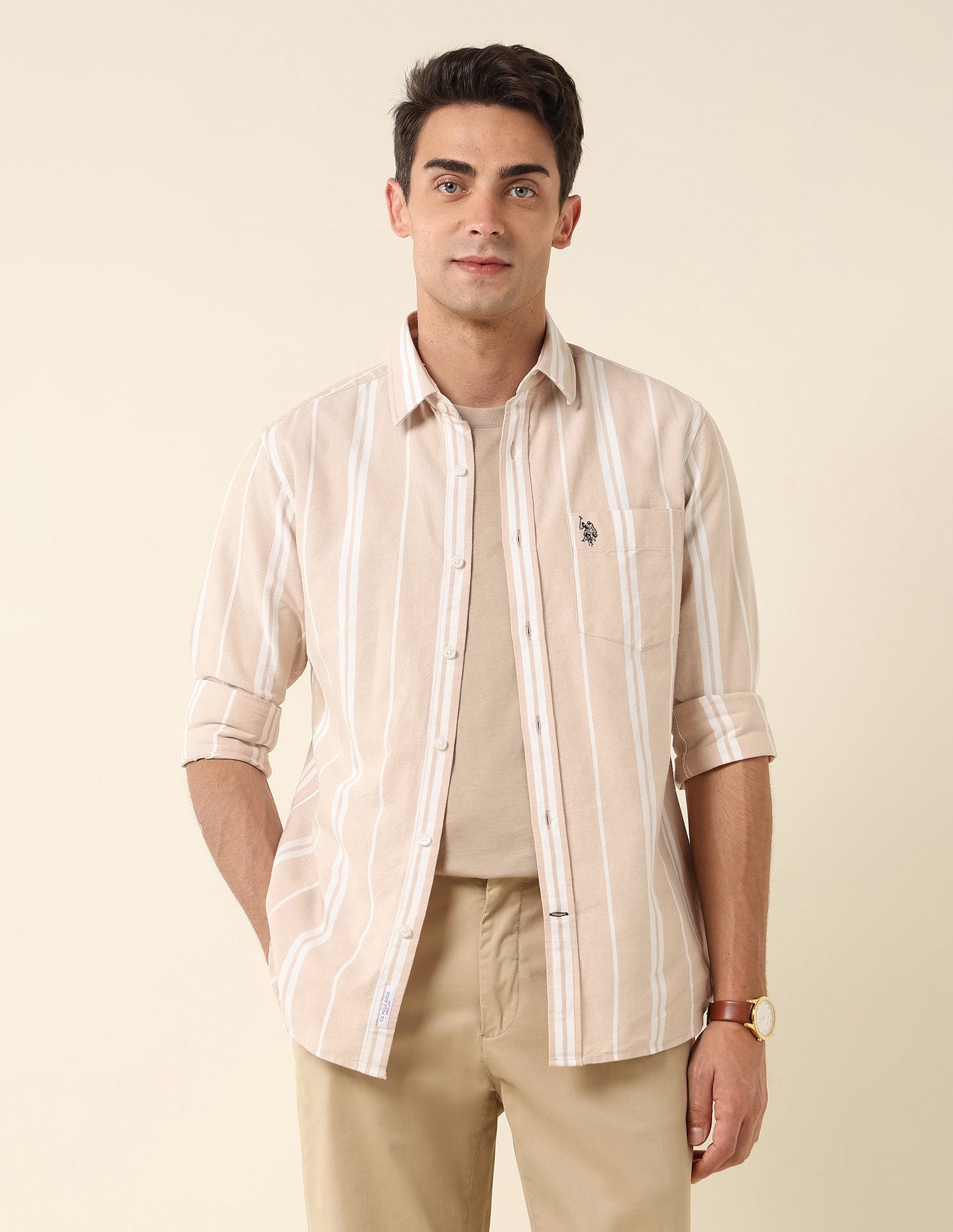 Vertical Striped Tailored Fit Shirt Beige - U.S. Polo Assn. India | Large