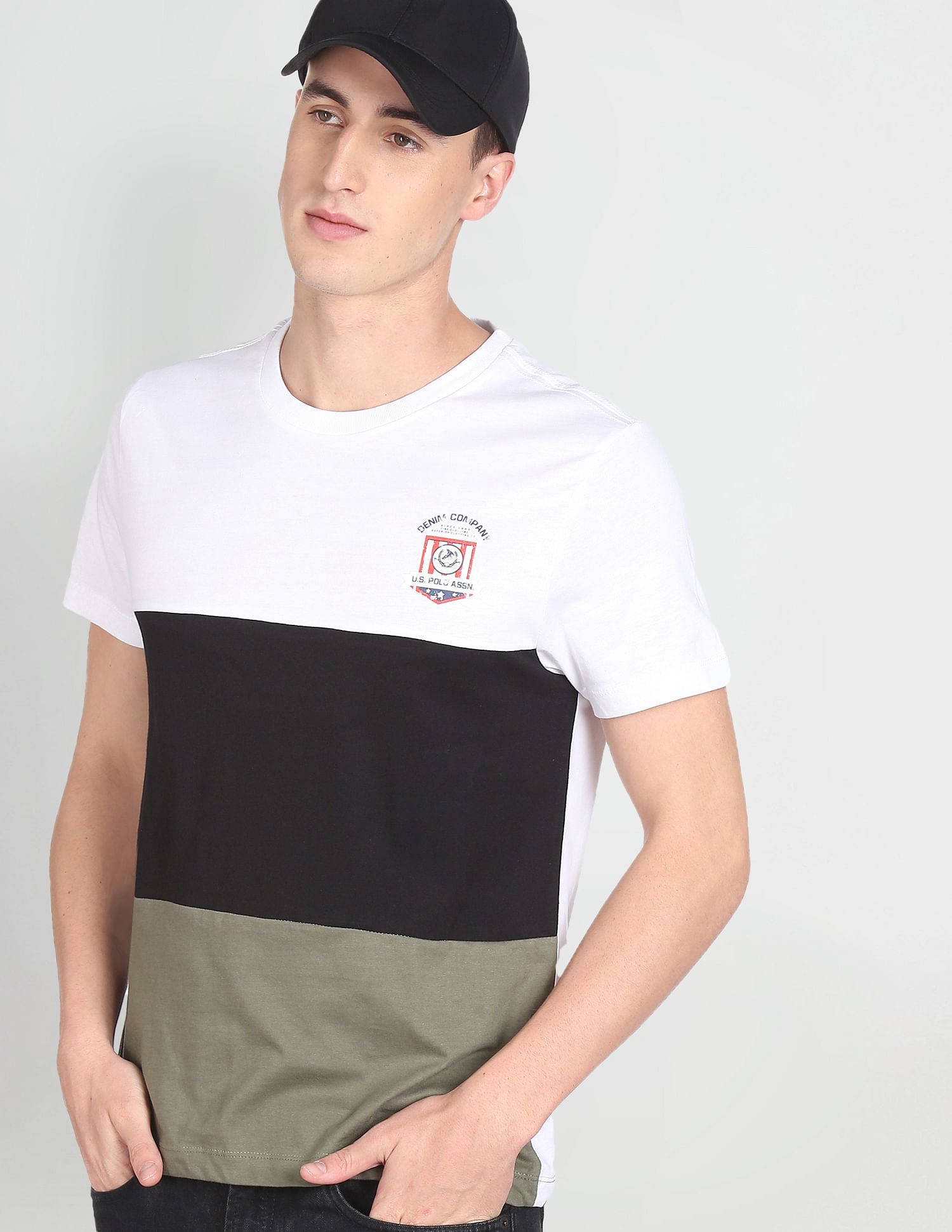 Colour Block Cotton T-Shirt White, Grey and Black - U.S. Polo Assn. India | Large