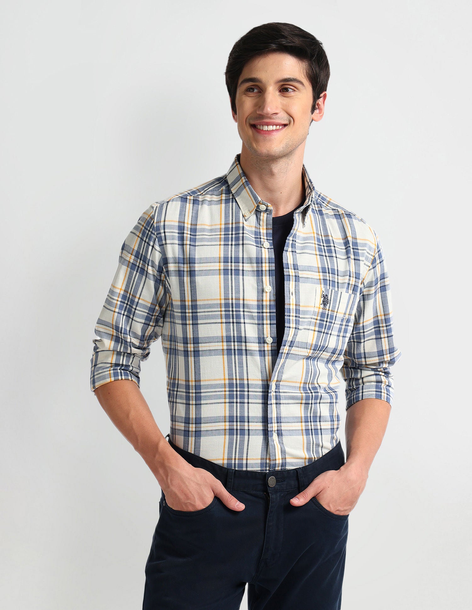 Tartan Check Tailored Fit Shirt Ivory and Blue - U.S. POLO ASSN. | Large