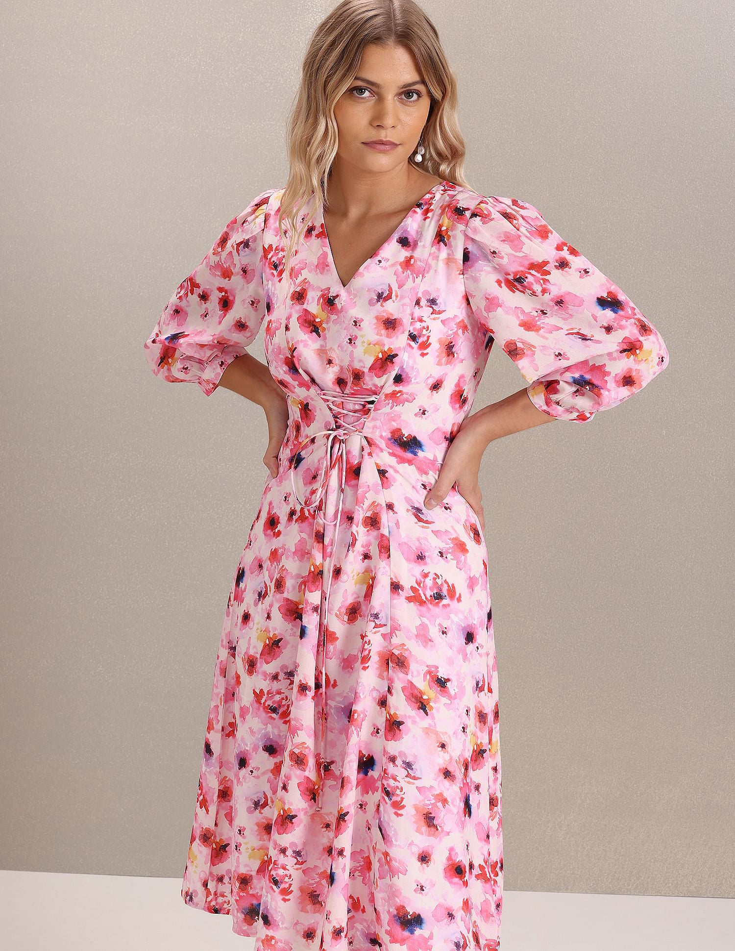 V-Neck Floral Print Fit And Flare Dress