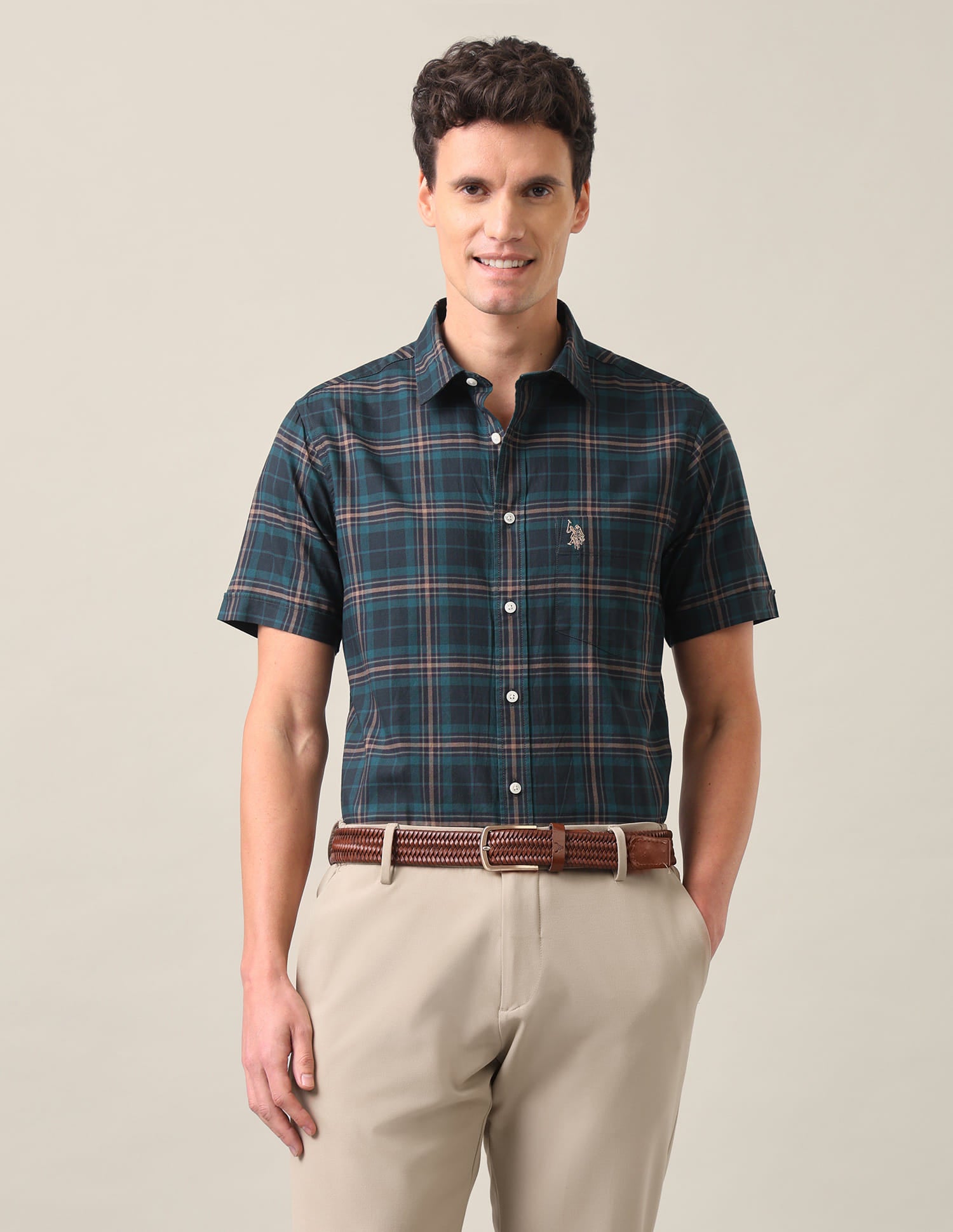 Plaid Checked Tailored Fit Shirt Teal - U.S. Polo Assn. India | Large