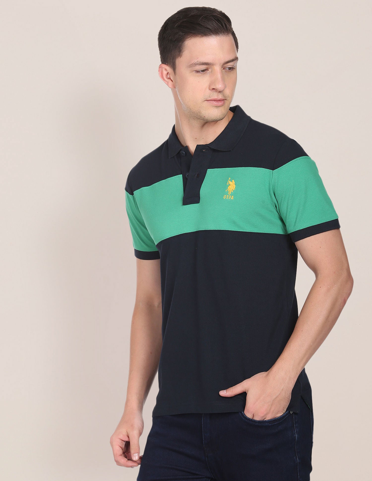 Colour Block Cotton Polo Shirt Navy and Green - U.S. Polo Assn. India | Large
