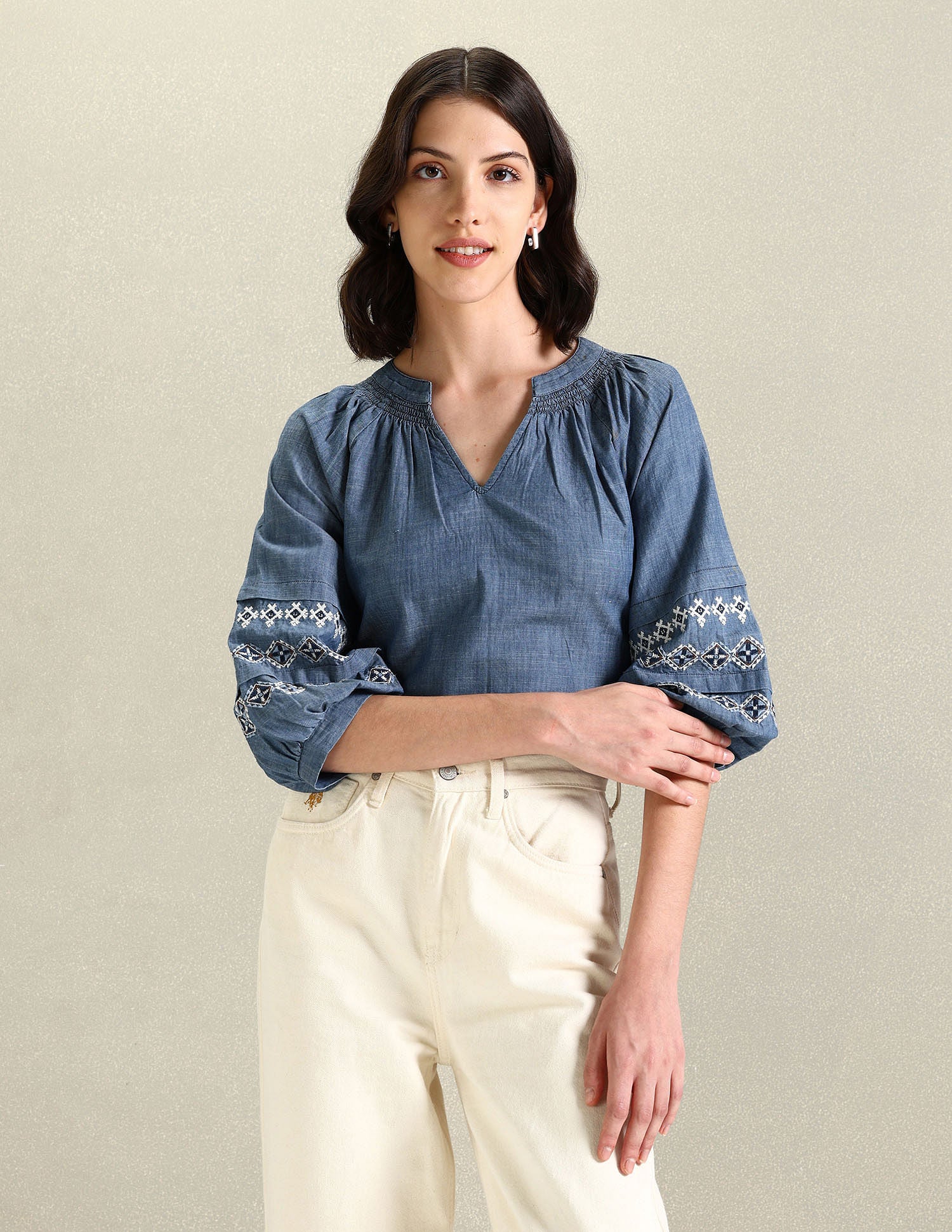 Chambray Embroidered Top Blue - U.S. Polo Assn. India | Large