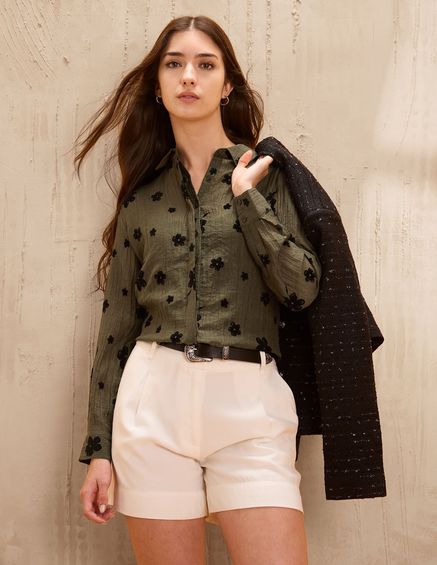 Semi-Sheer Floral Flock Shirt