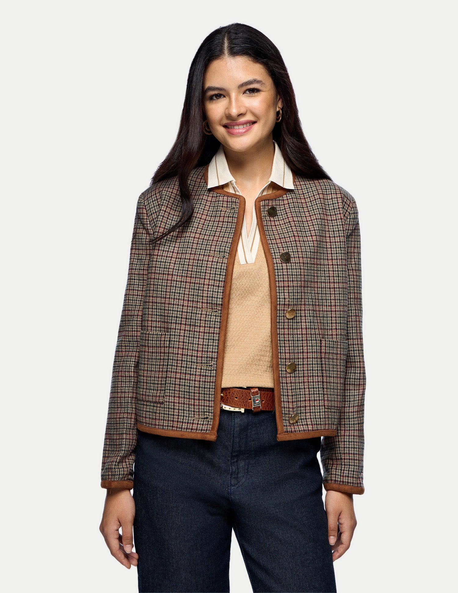 Houndstooth Checked Crop Jacket Brown - U.S. Polo Assn. India | Large