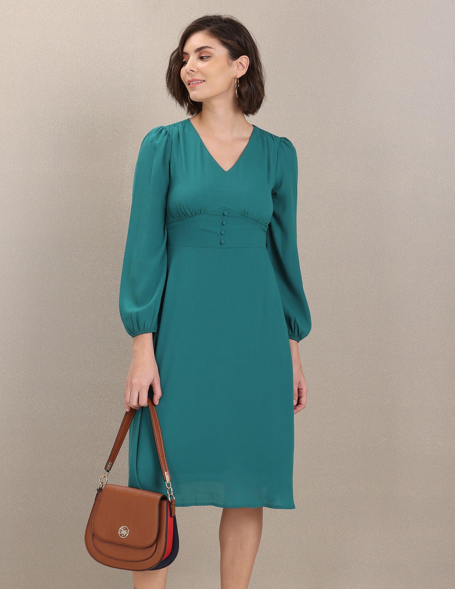 Women Teal V-Neck Solid Fit And Flare Dress Teal - U.S. POLO ASSN. | Large