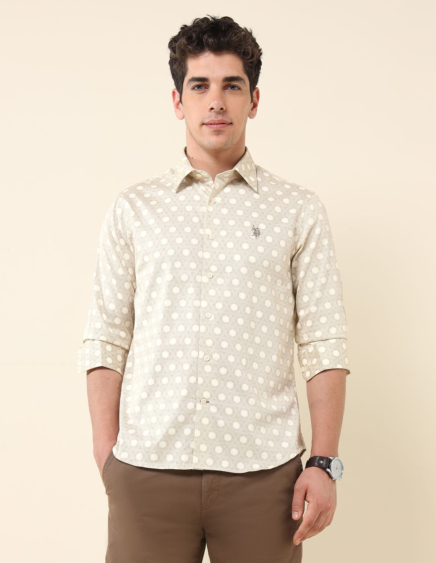 Geometric Printed Pure Cotton Shirt Light Khaki - U.S. Polo Assn. India | Large