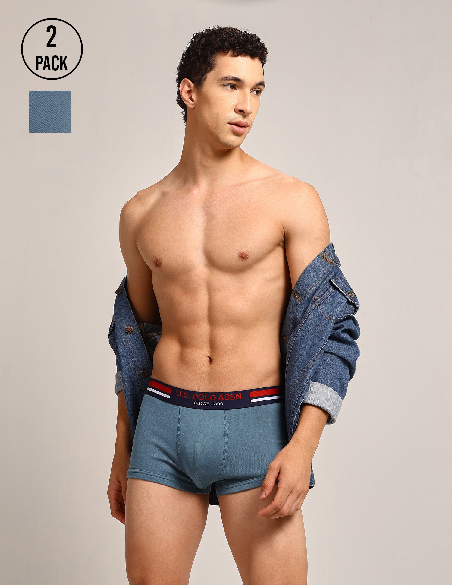Elastic Waistband Ribbed I641 Trunks - Pack Of 2 Teal Grey- Teal Grey - U.S. Polo Assn. India | Large