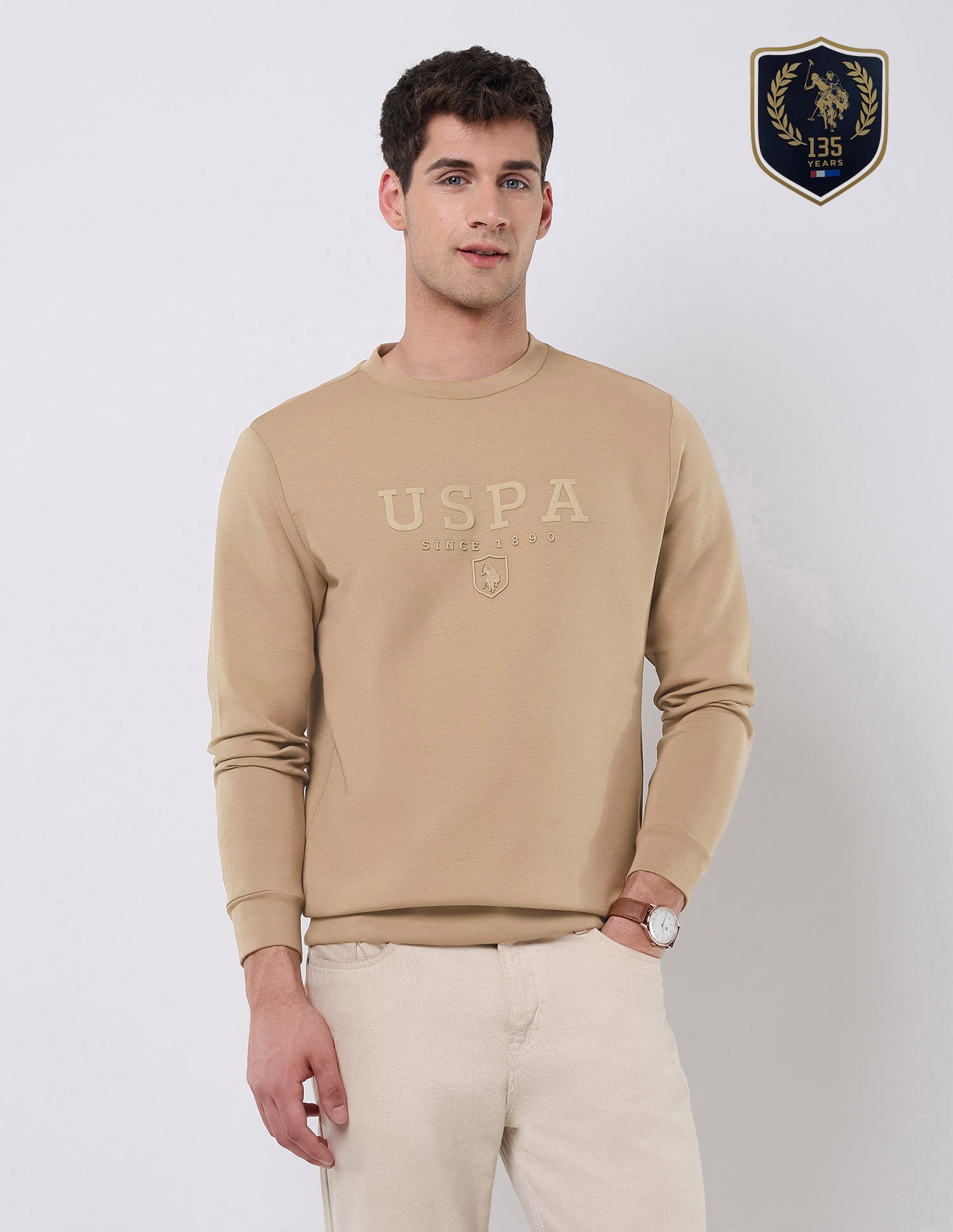 Brand Embossed Regular Fit Sweatshirt Beige - U.S. POLO ASSN. | Large