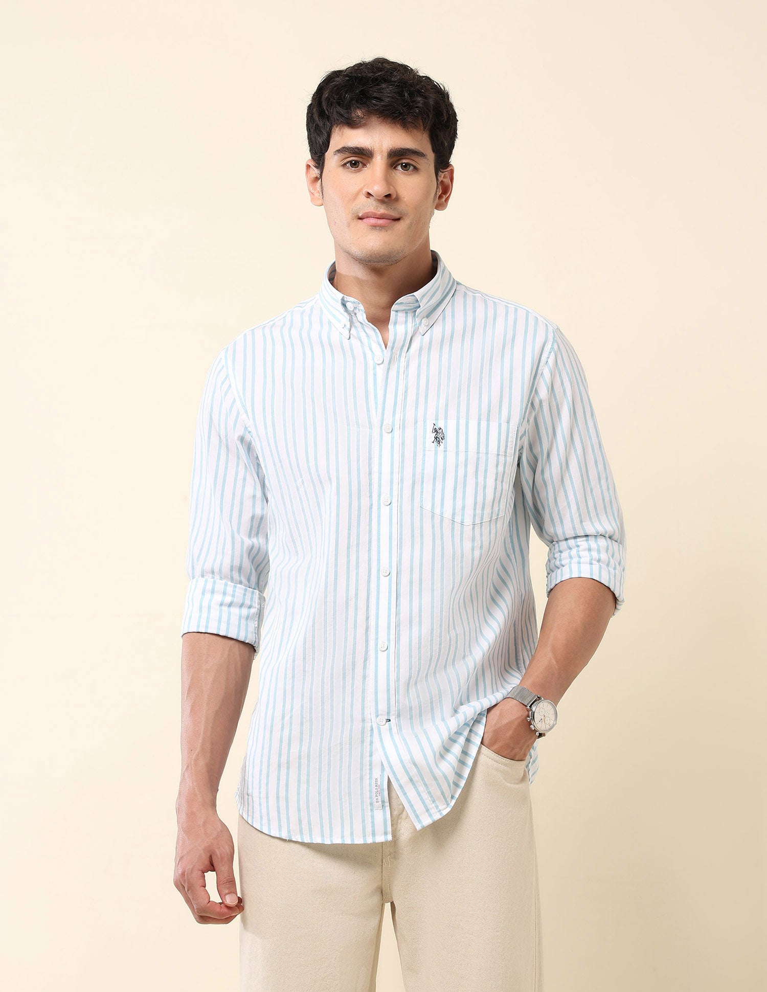 Vertical Striped Pure Cotton Shirt Aqua - U.S. Polo Assn. India | Large