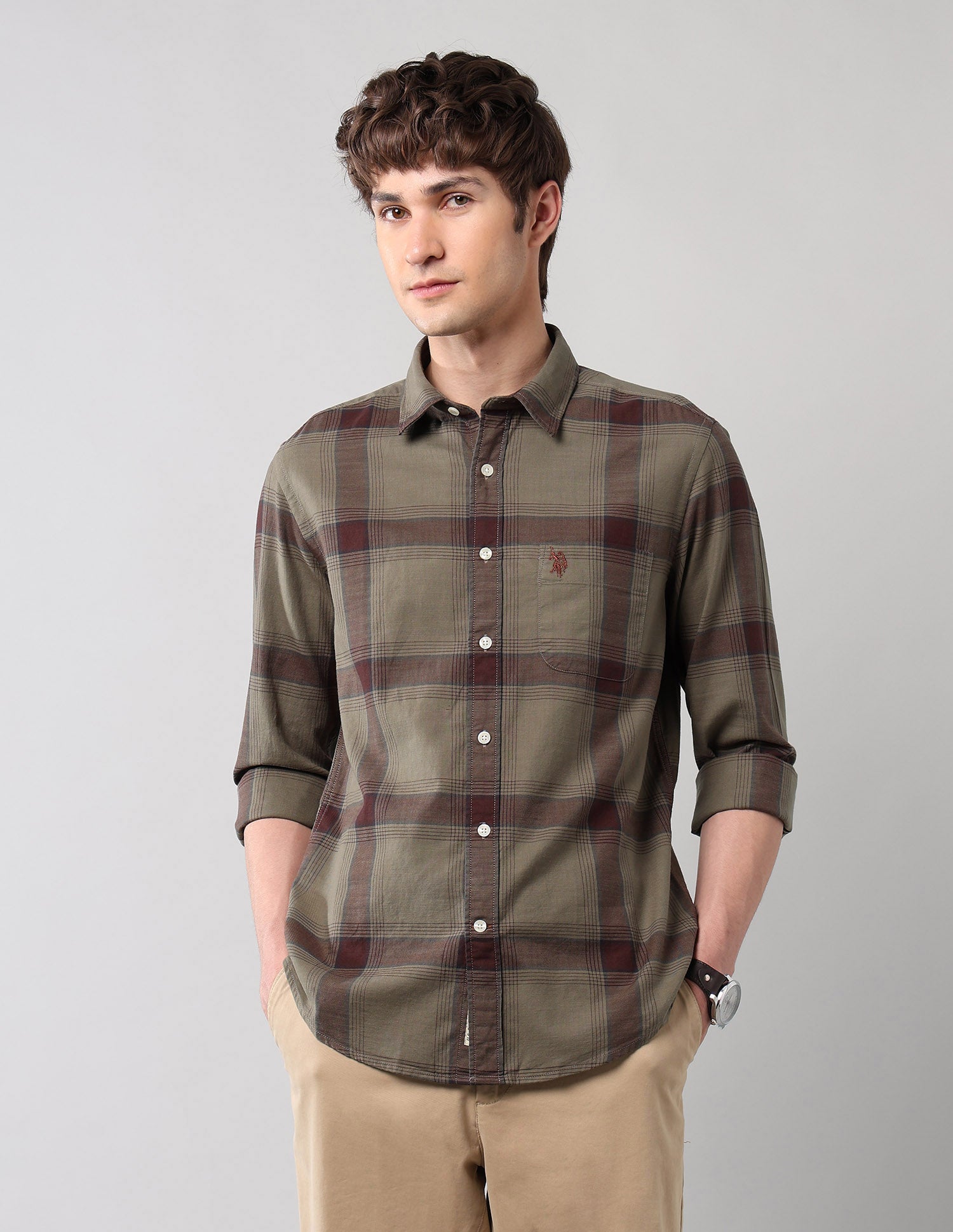 Windowpane Checked Pure Cotton Shirt Olive - U.S. Polo Assn. India | Large