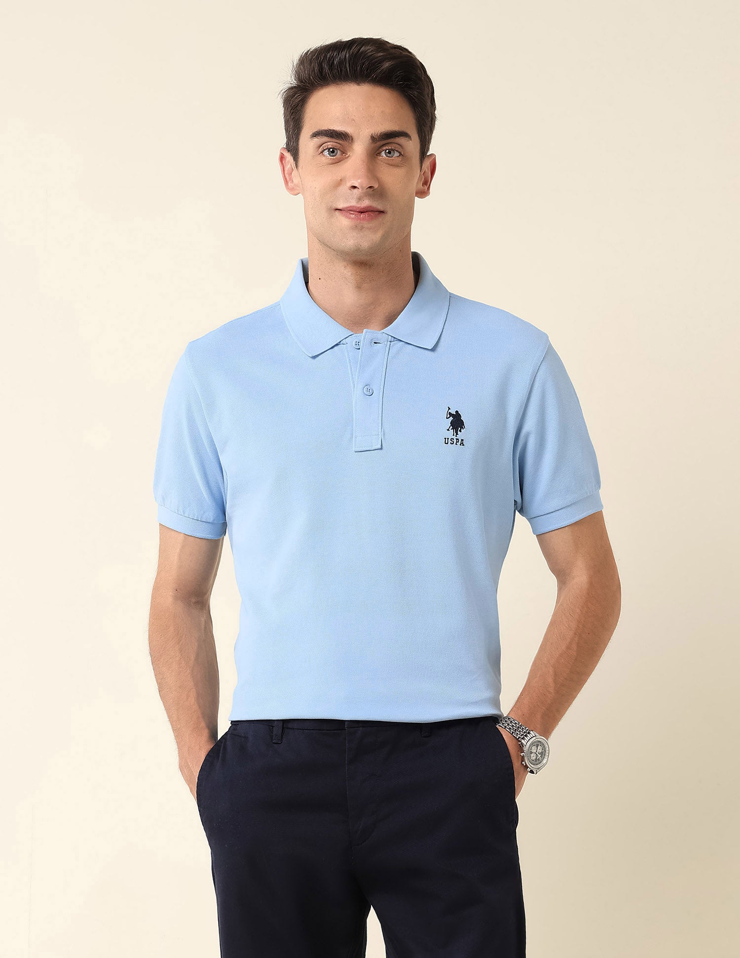 Slim Fit Pure Cotton Polo Shirt Light Blue - U.S. Polo Assn. India | Large
